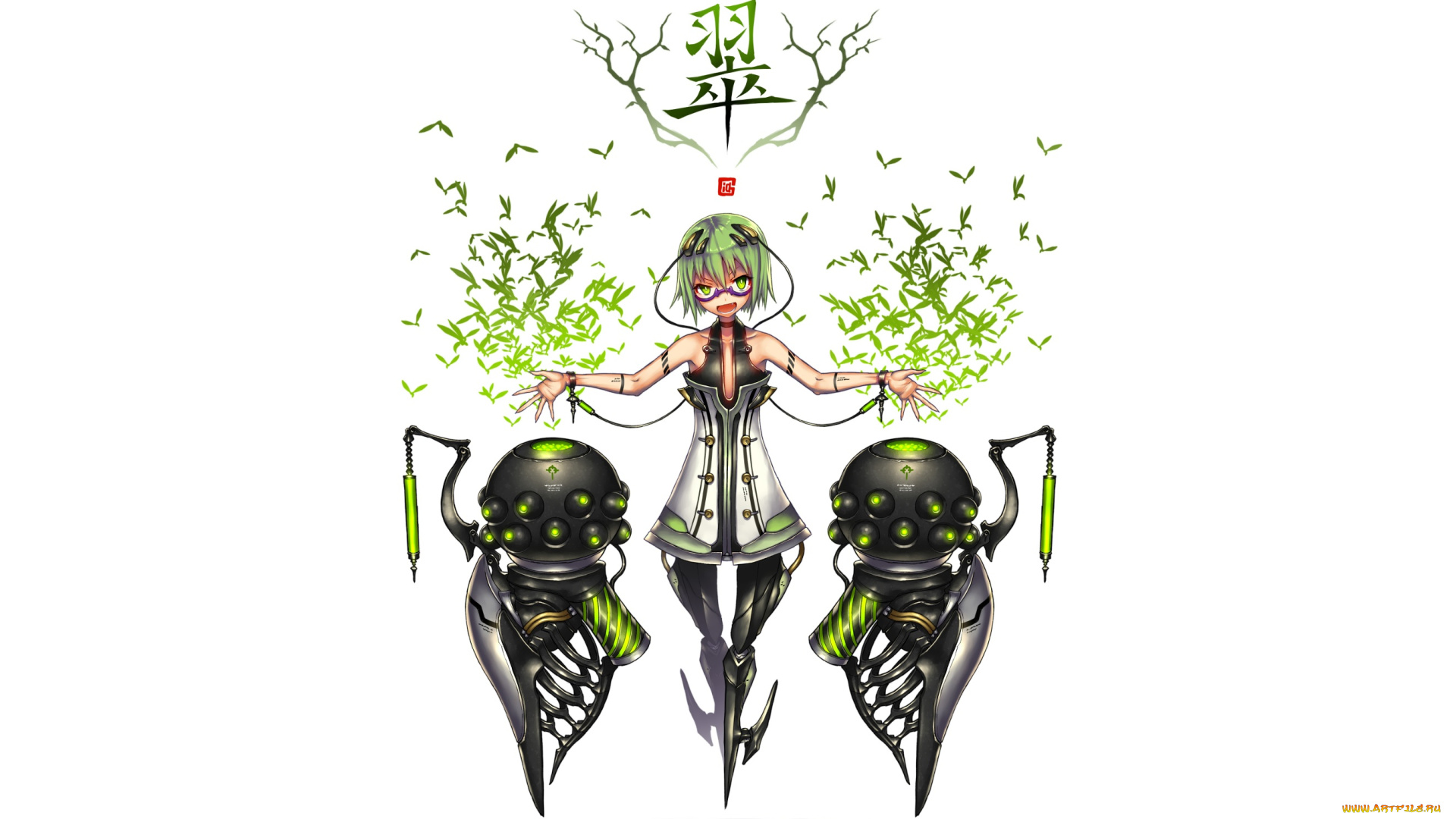 аниме, -weapon, , blood, &, technology, зелёные, волосы, белый, фон, робот