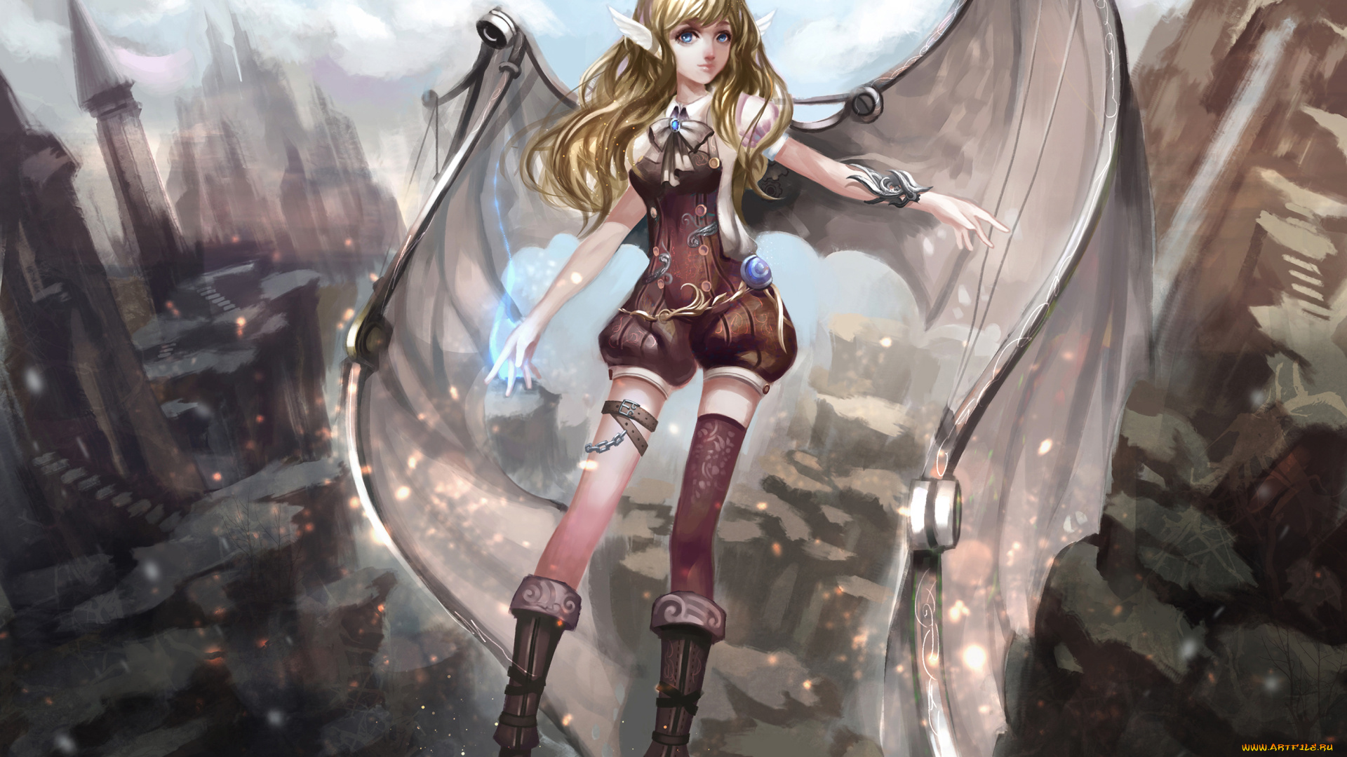 аниме, ангелы, &, demons, магия, крылья, ангел, девушка, скалы