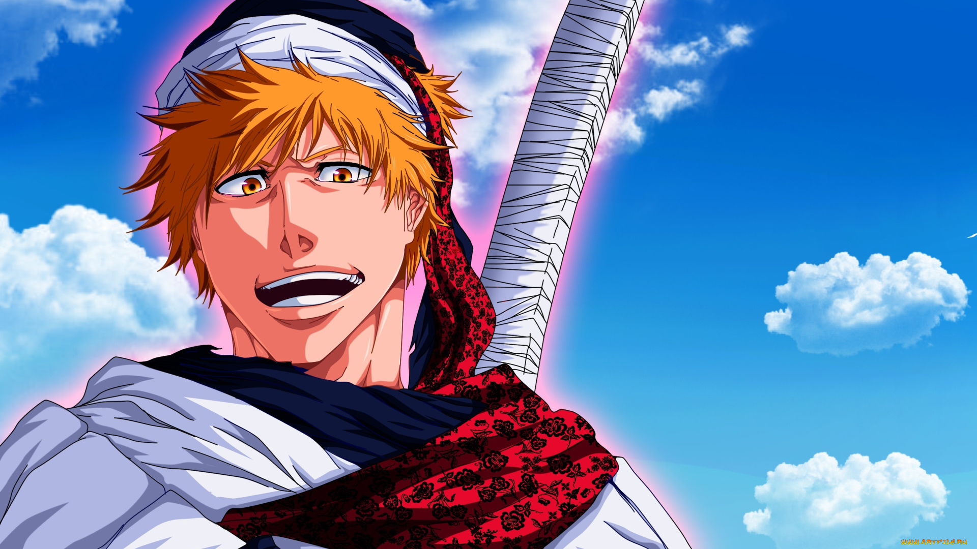аниме, bleach, взгляд, kurosaki, ichigo, рыжий, shinigami, небо, парень, облака