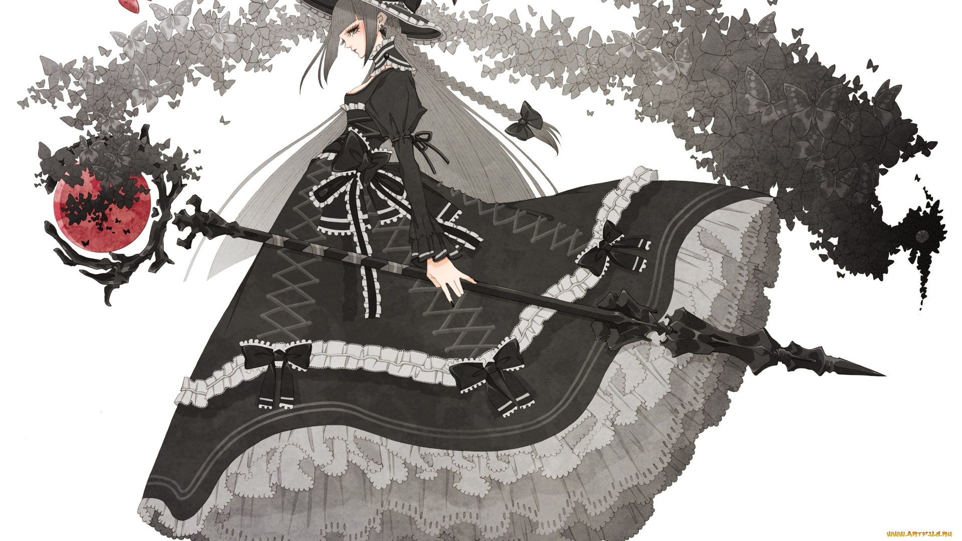 аниме, halloween, &, magic, бант, шляпа, посох, белый, фон, арт, девушка, бабочки, платье