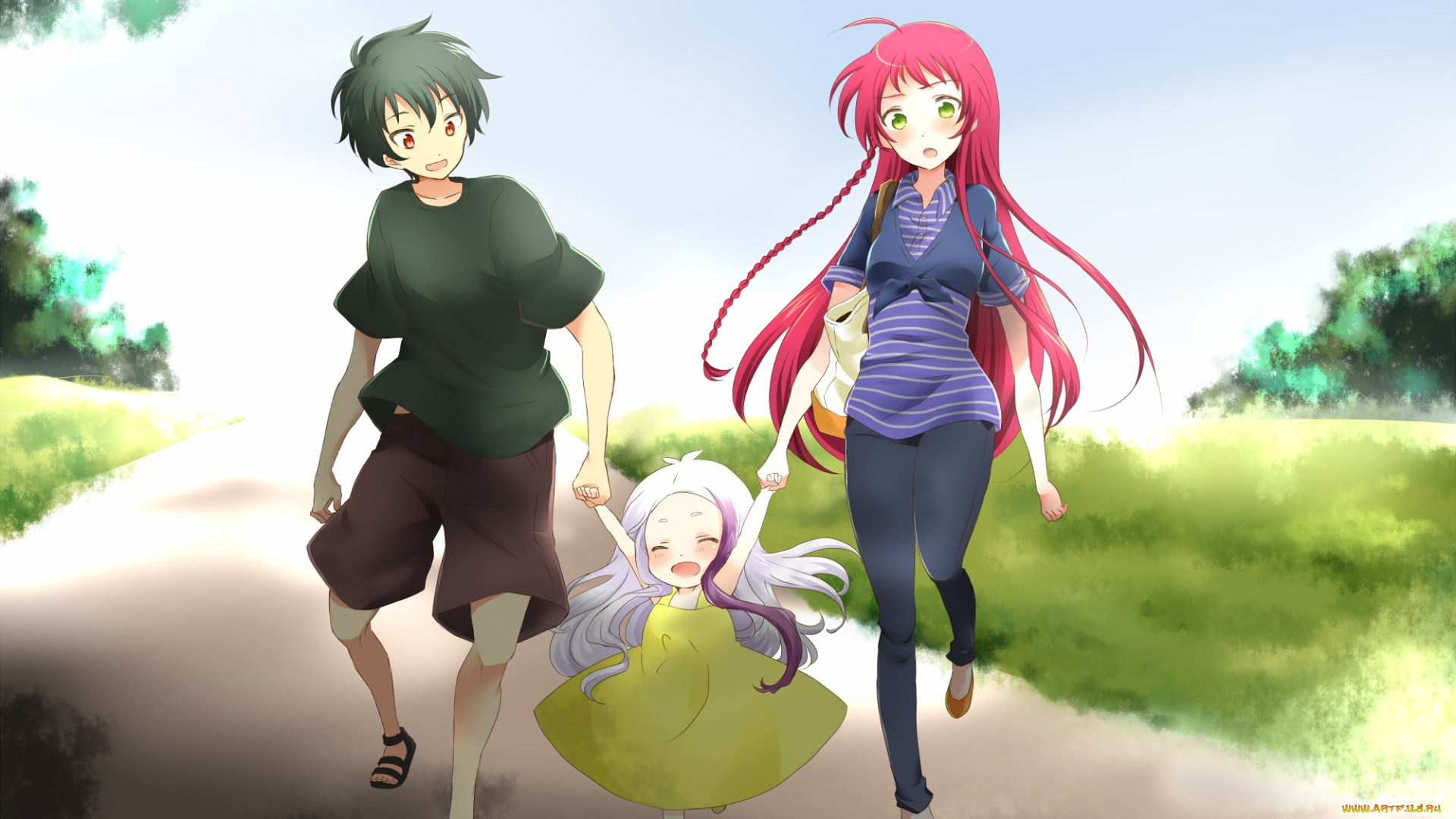 аниме, hataraku, maou-sama, anime, art, hataraku, maou-sama, maou, sadao, yusa, emi, arras, ramus, парень, девушка, девочка, втроем, прогулка