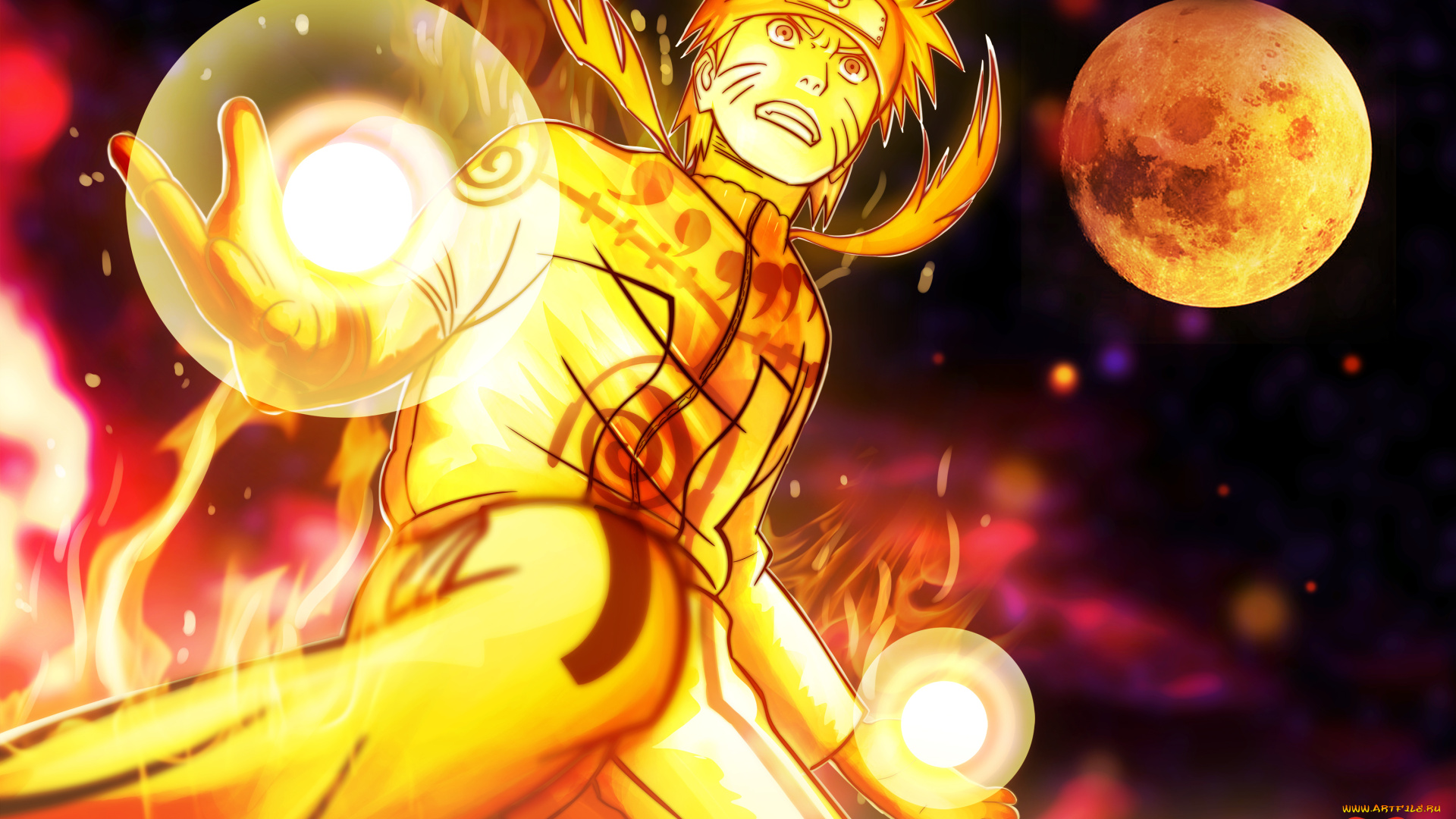 аниме, naruto, art, moon, rasengan, ninja, uzumaki, bijuu, mode, shippuden, shinobi, fury, blonde, hair, logo, konohagakure, no, sato, dama, chakra, flame, yellow, eye, hitayate, manga, anime