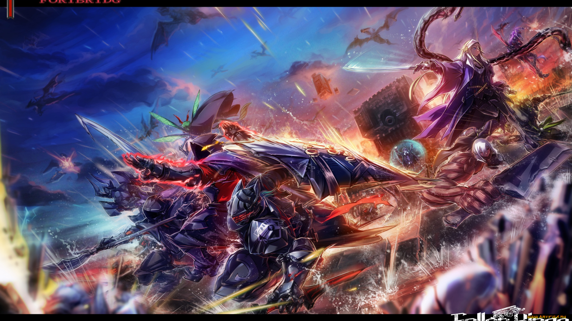 аниме, pixiv, fantasia, девушка, пламя, искры, драконы, роботы