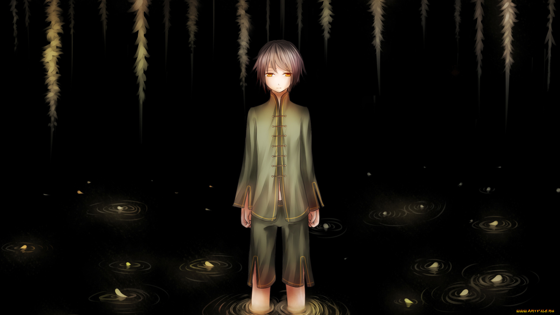 аниме, shinsekai, yori, арт, ryaku-ko, парень, вода, лепестки, растение