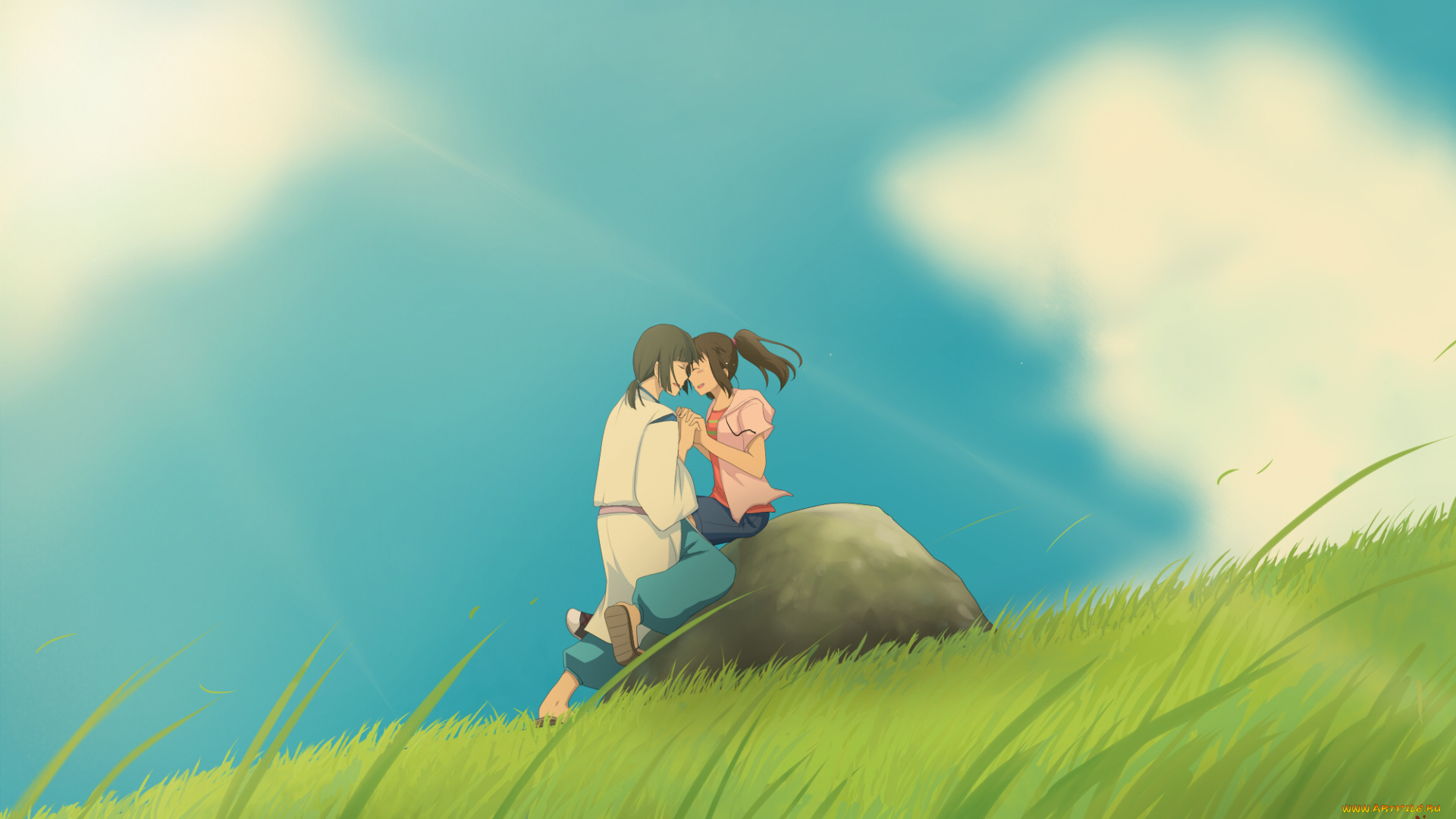 аниме, spirited, away, девушка, ogino, chihiro, haku, spirited, away, дух, реки, облака, хаяо, миядзаки, унесенные, призраками, тихиро, парень, арт, ai, kuroha-chan, природа, хаку