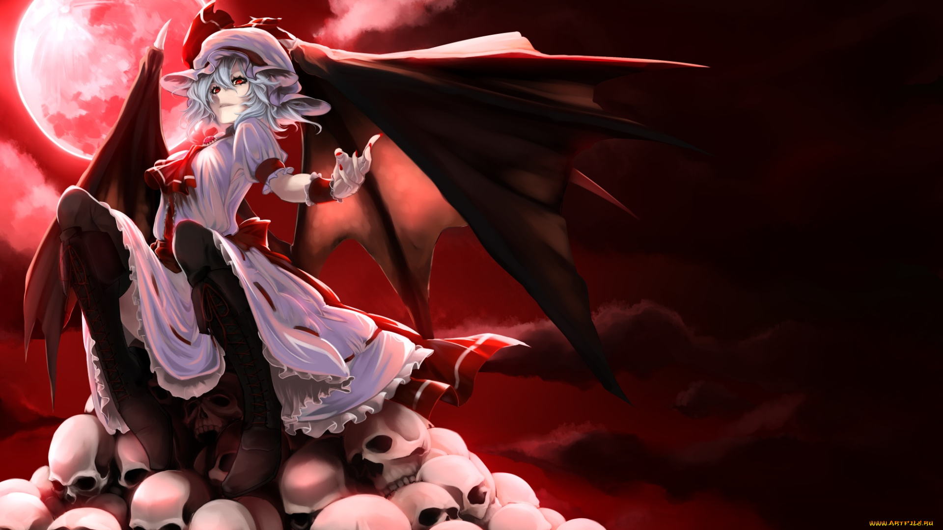 аниме, touhou, черепа, девушка, демон, красная, луна