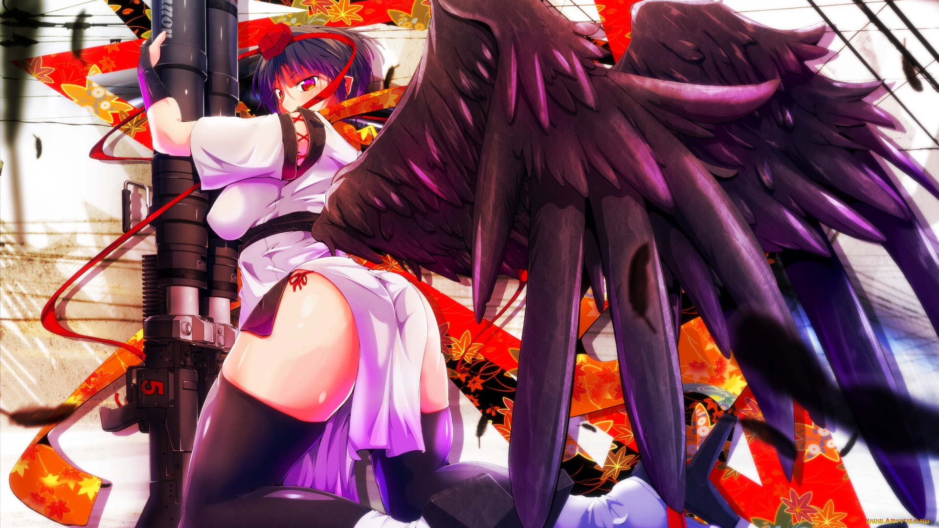 аниме, touhou, чёрные, крылья, сэксуальная, девушка
