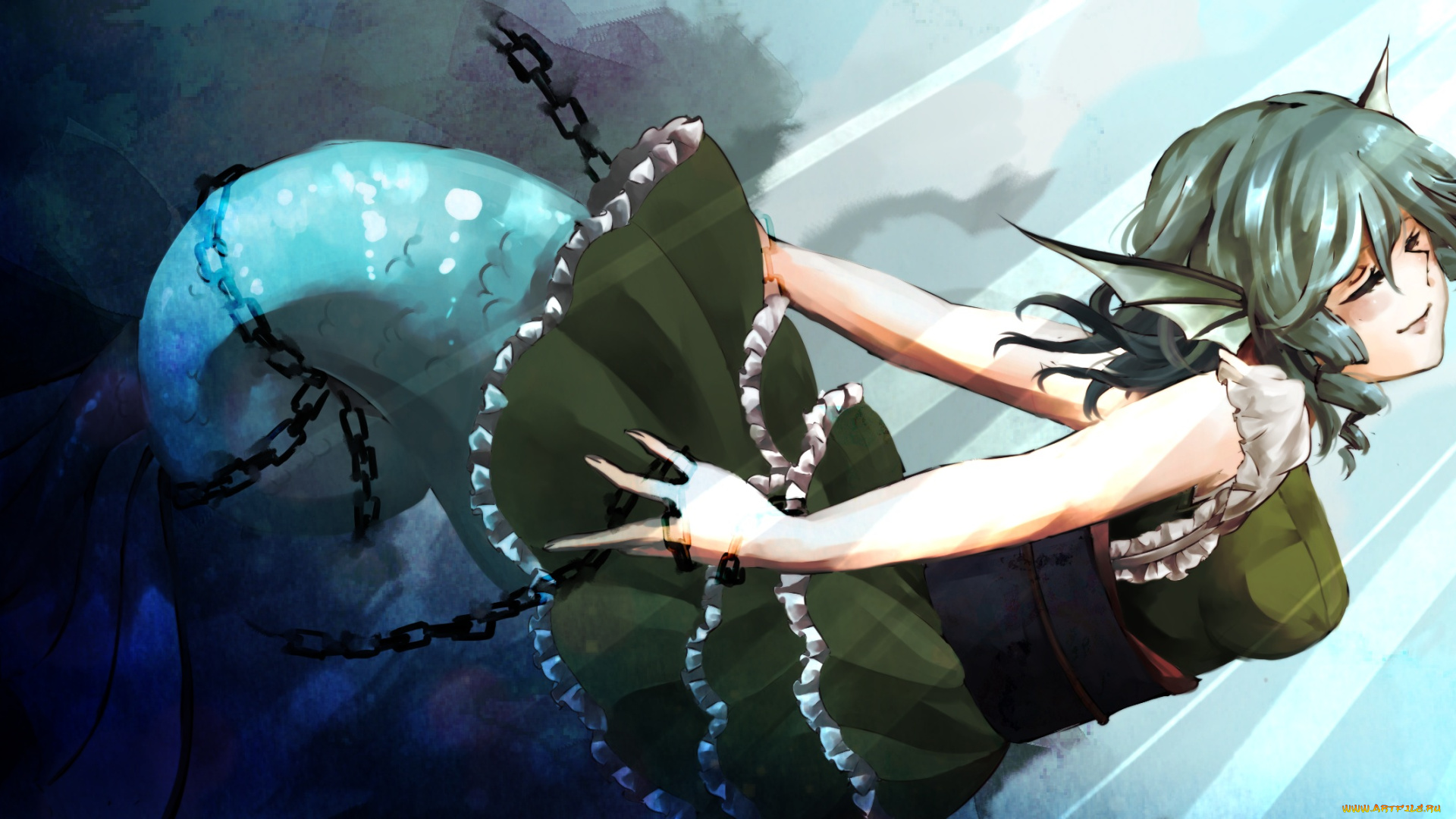 аниме, touhou, двушка, зелёное, платье