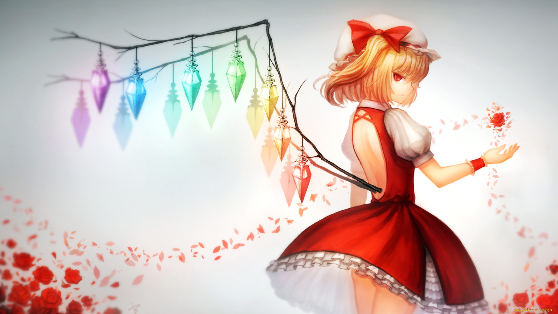 аниме, touhou, лепестки, розы, ветка, девушка, блондинка, кристаллы