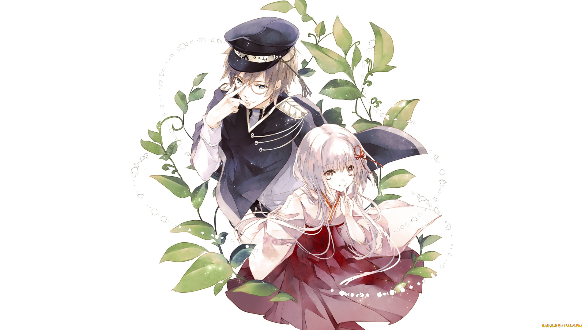 аниме, *unknown, , другое, белый, фон, арт, растения, листья, девушка, парень