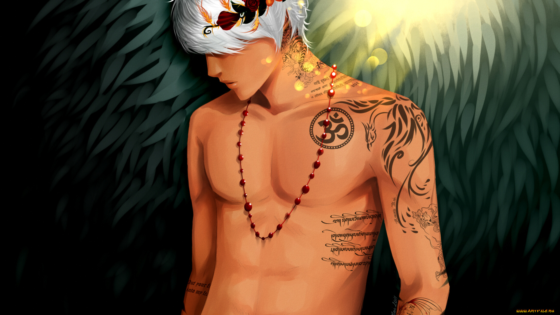 аниме, *unknown, , другое, бусы, торс, парень, тату, цветы, венок