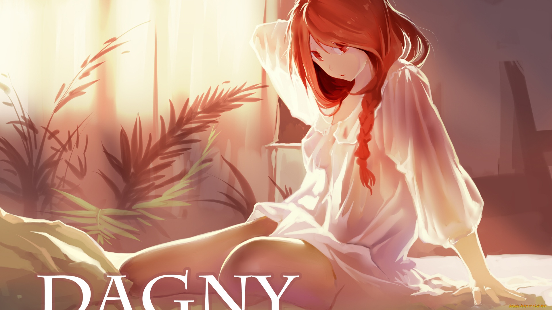 аниме, *unknown, , другое, девушка, рубашка, растения, шатенка