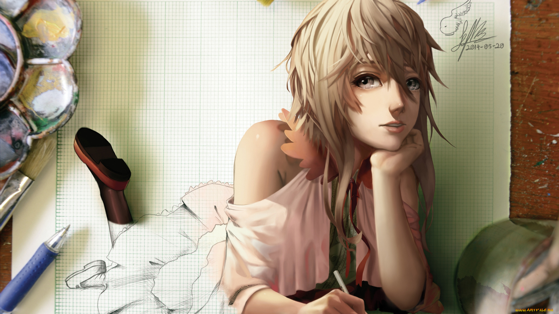 аниме, *unknown, , другое, карандаши, лист, девушка