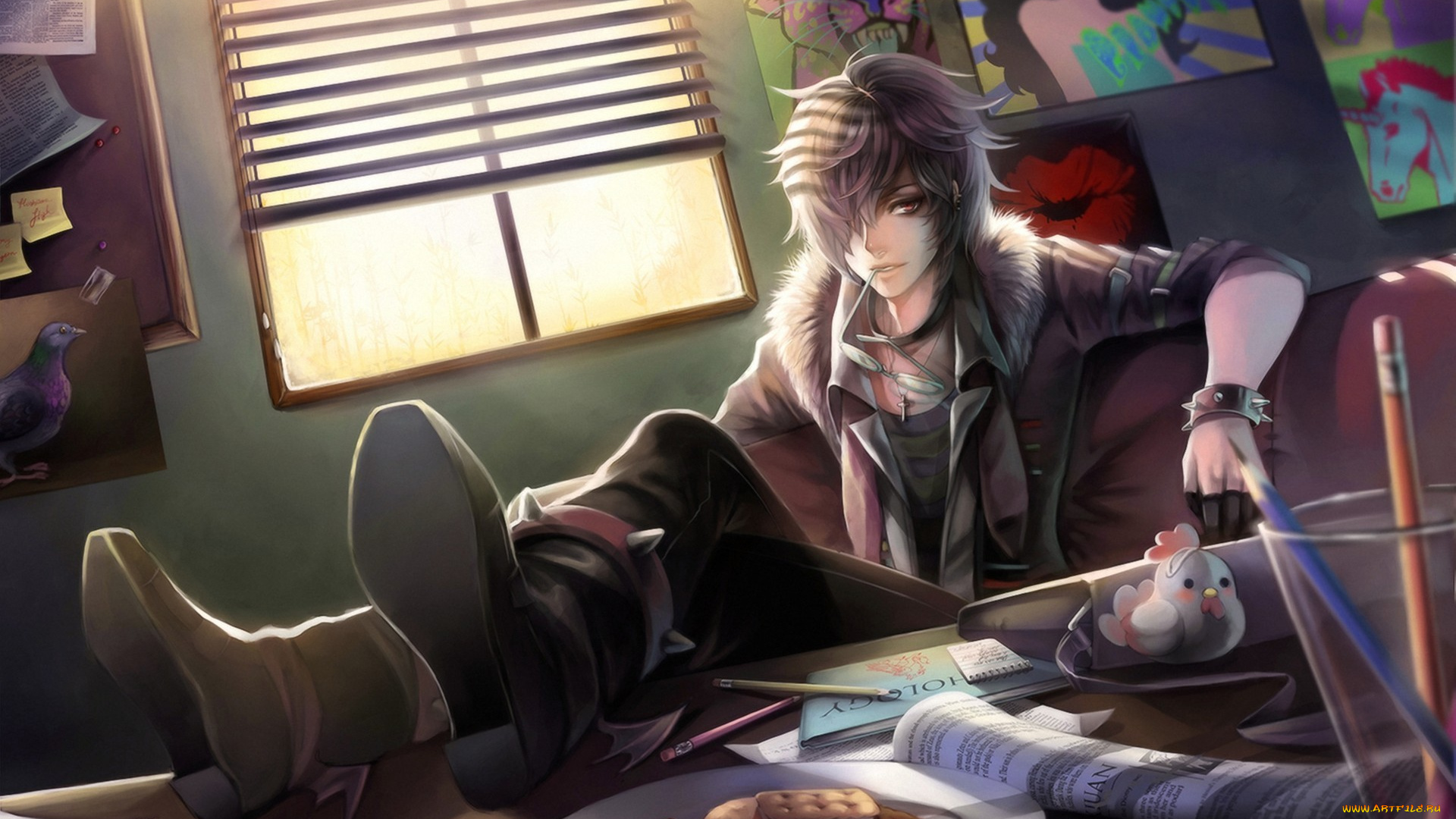 аниме, *unknown, , другое, комната, карандаши, браслет, печенье, газета, очки, стол, парень, synnimaru, арт