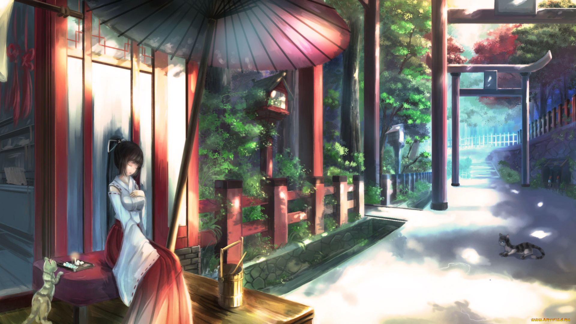 аниме, *unknown, , другое, кот, зонт, девушка, арт