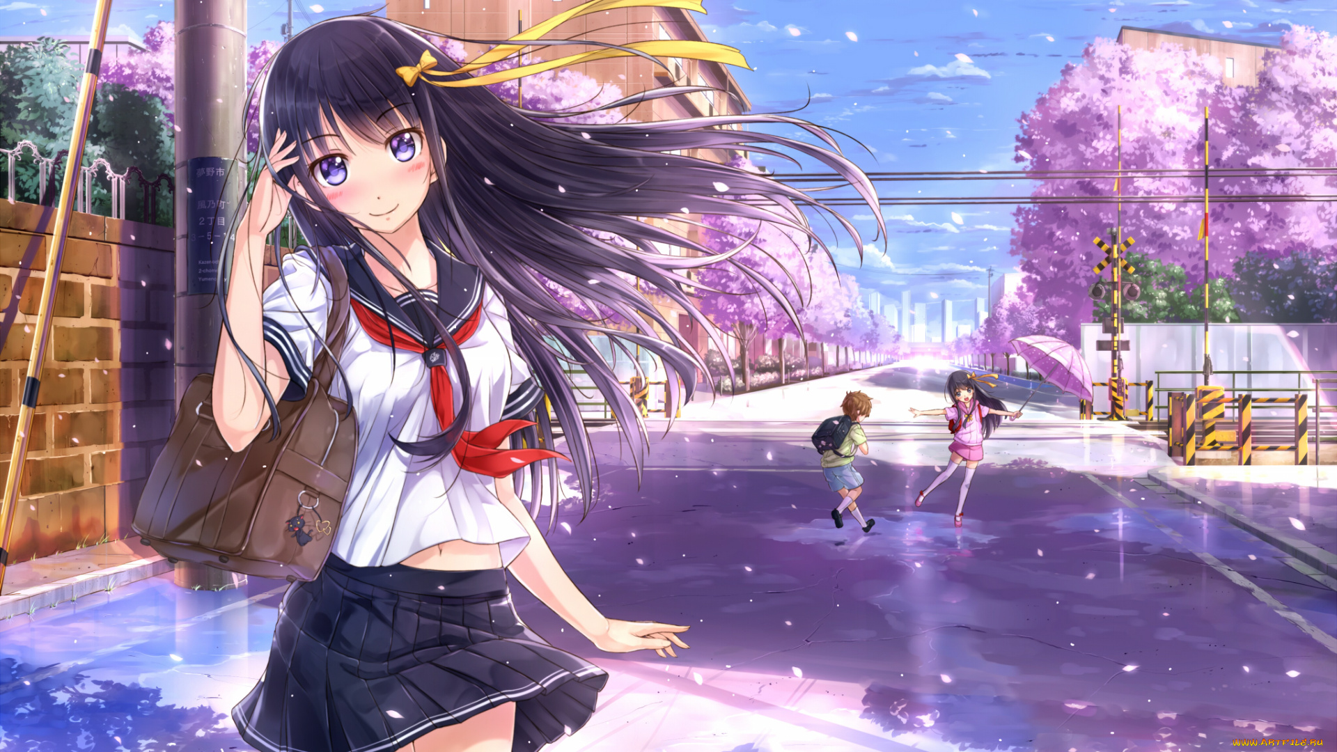 аниме, *unknown, , другое, улица, бантик, сумка, девочки, облака, небо, брюнетка, девушка