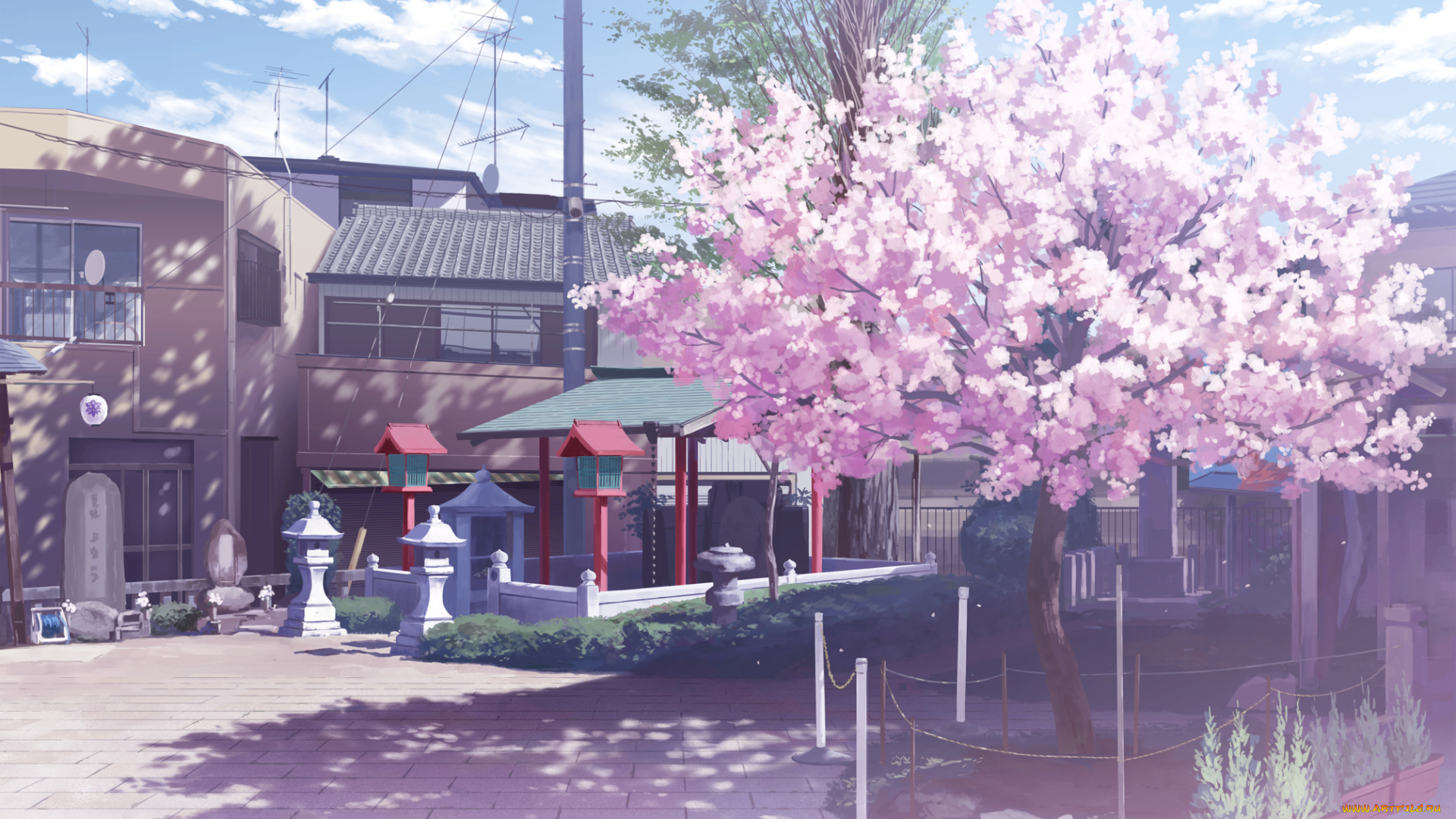 аниме, *unknown, , другое, улица, дерево, дома, небо, облака, сакура