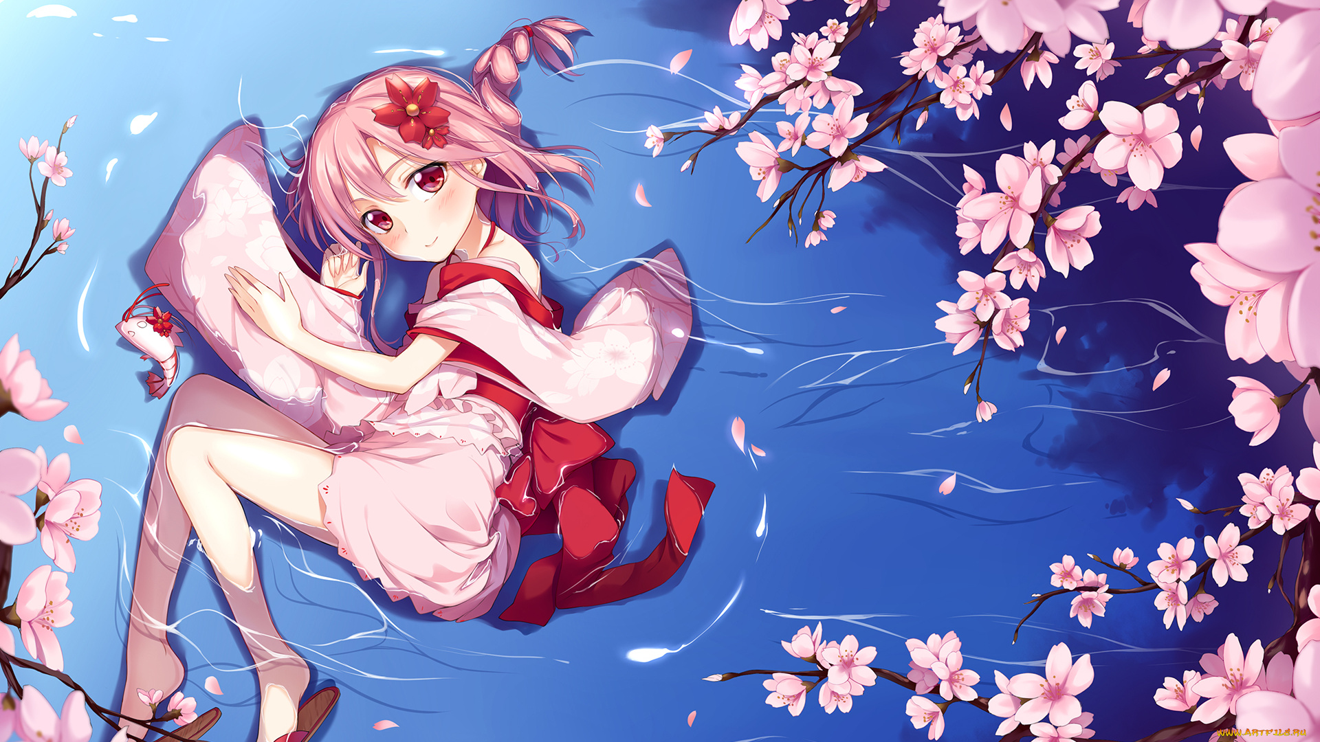 аниме, *unknown, , другое, вода, лежит, арт, цветы, розовые, волосы, девушка