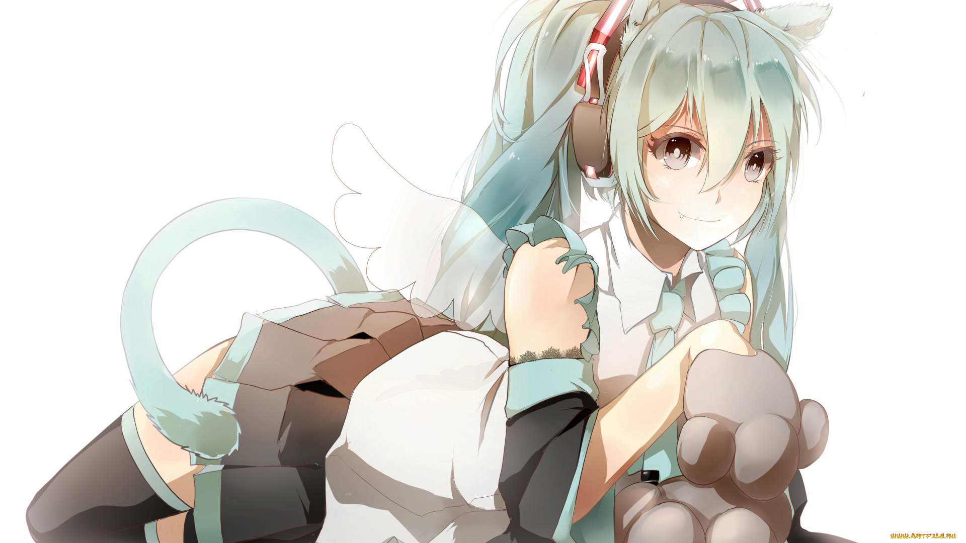 аниме, vocaloid, взгляд, лежит, белый, фон, арт, хвост, девушка, лапки, крылья