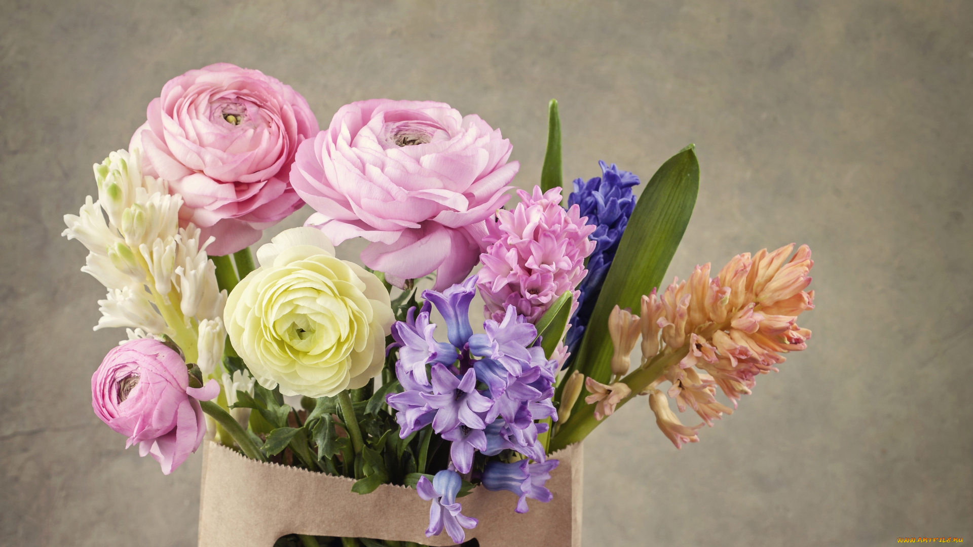 цветы, букеты, , композиции, гиацинты, ранункулюс, букет, сумка