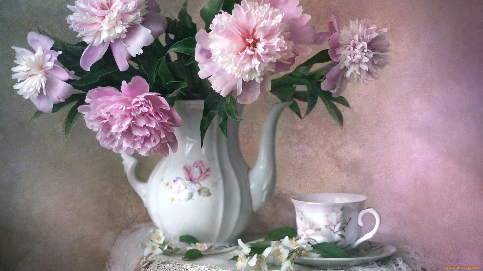 цветы, разные, вместе, чашка, жасмин, пионы