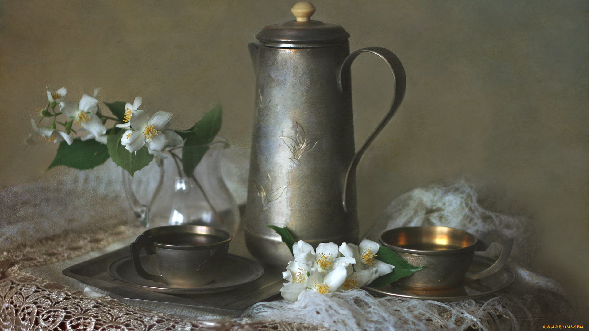 цветы, жасмин, натюрморт, кувшин