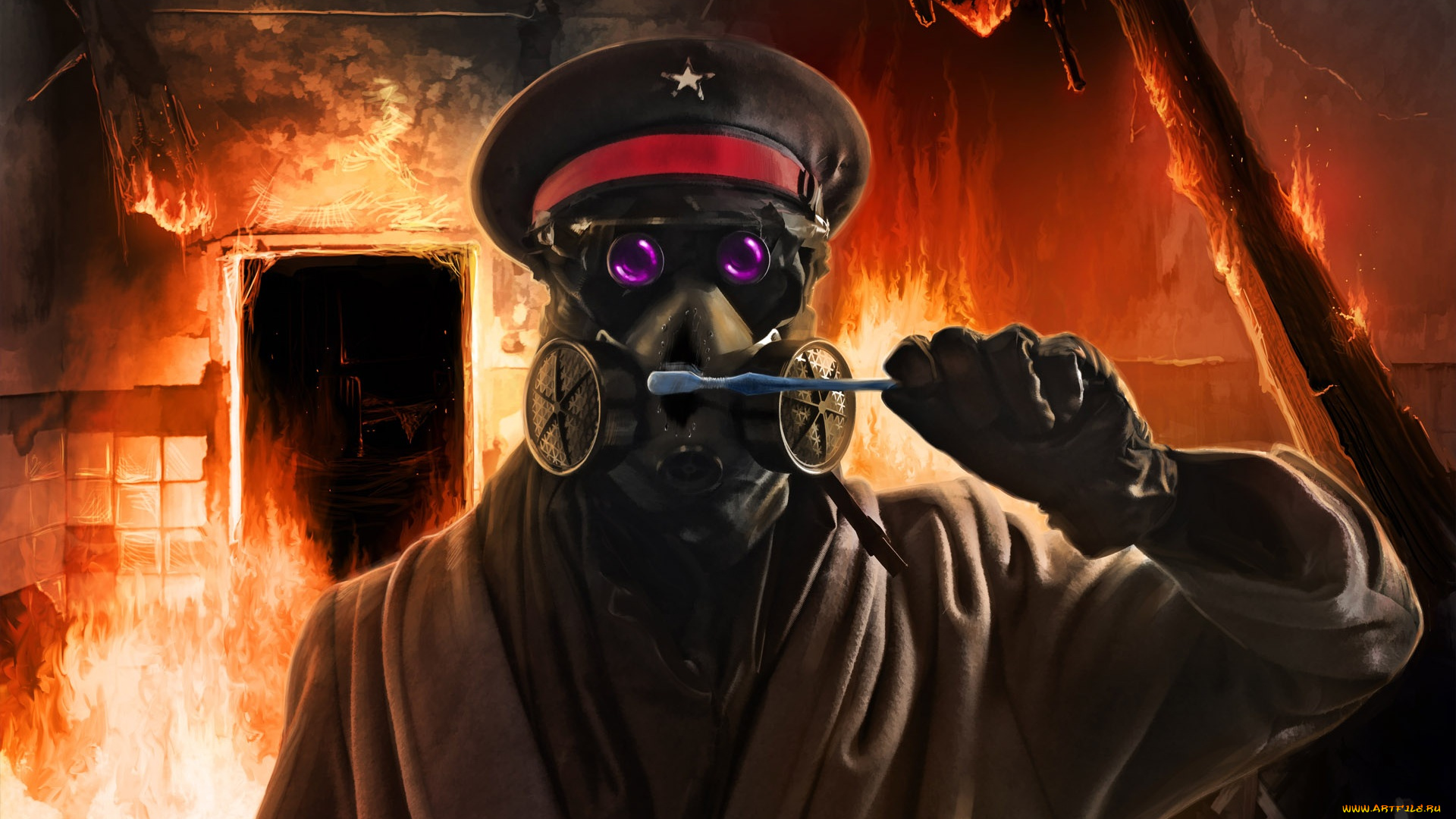 фэнтези, люди, щетка, арт, пожар, огонь, капитан, противогаз, романтика, апокалипсиса