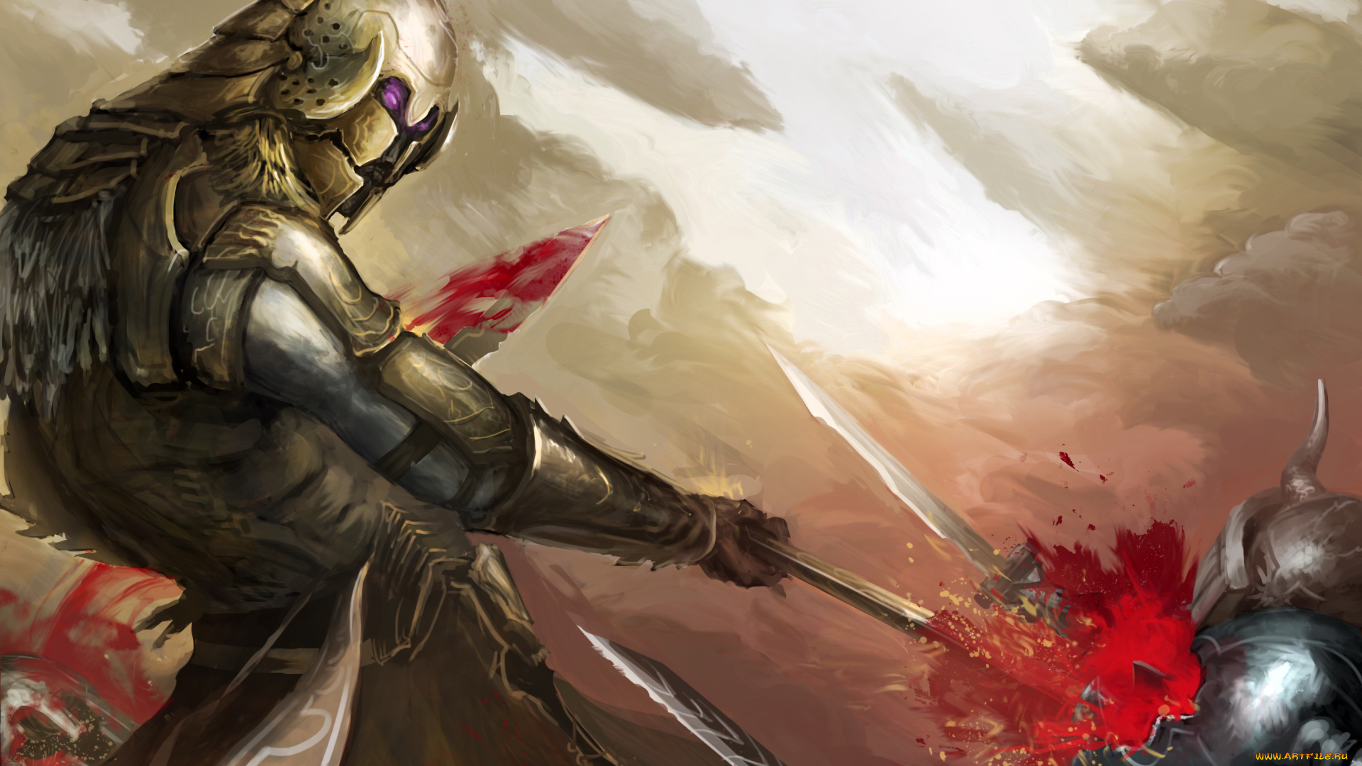 фэнтези, люди, воины, рыцари, сражение, доспехи, шлемы, кровь, меч