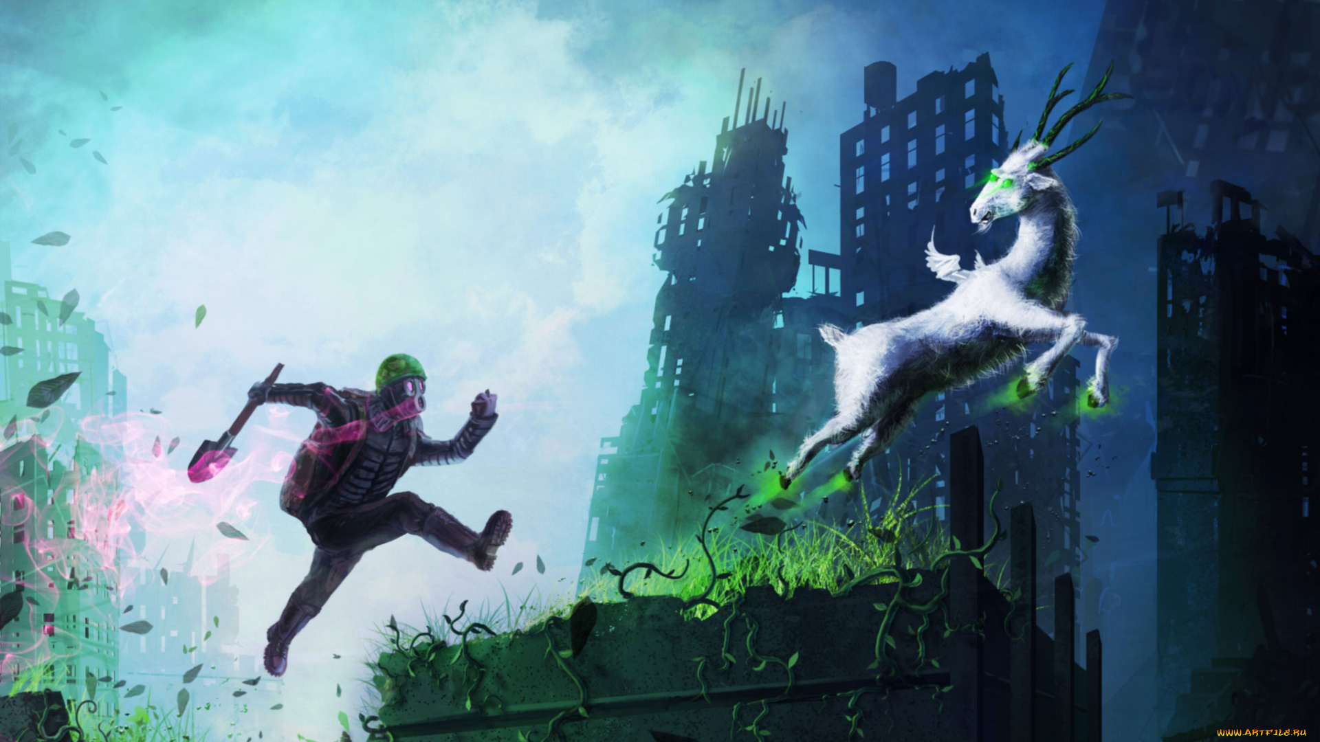 фэнтези, существа, прыжок, растения, руины, романтика, апокалипсиса, арт, лопата, существо, человек