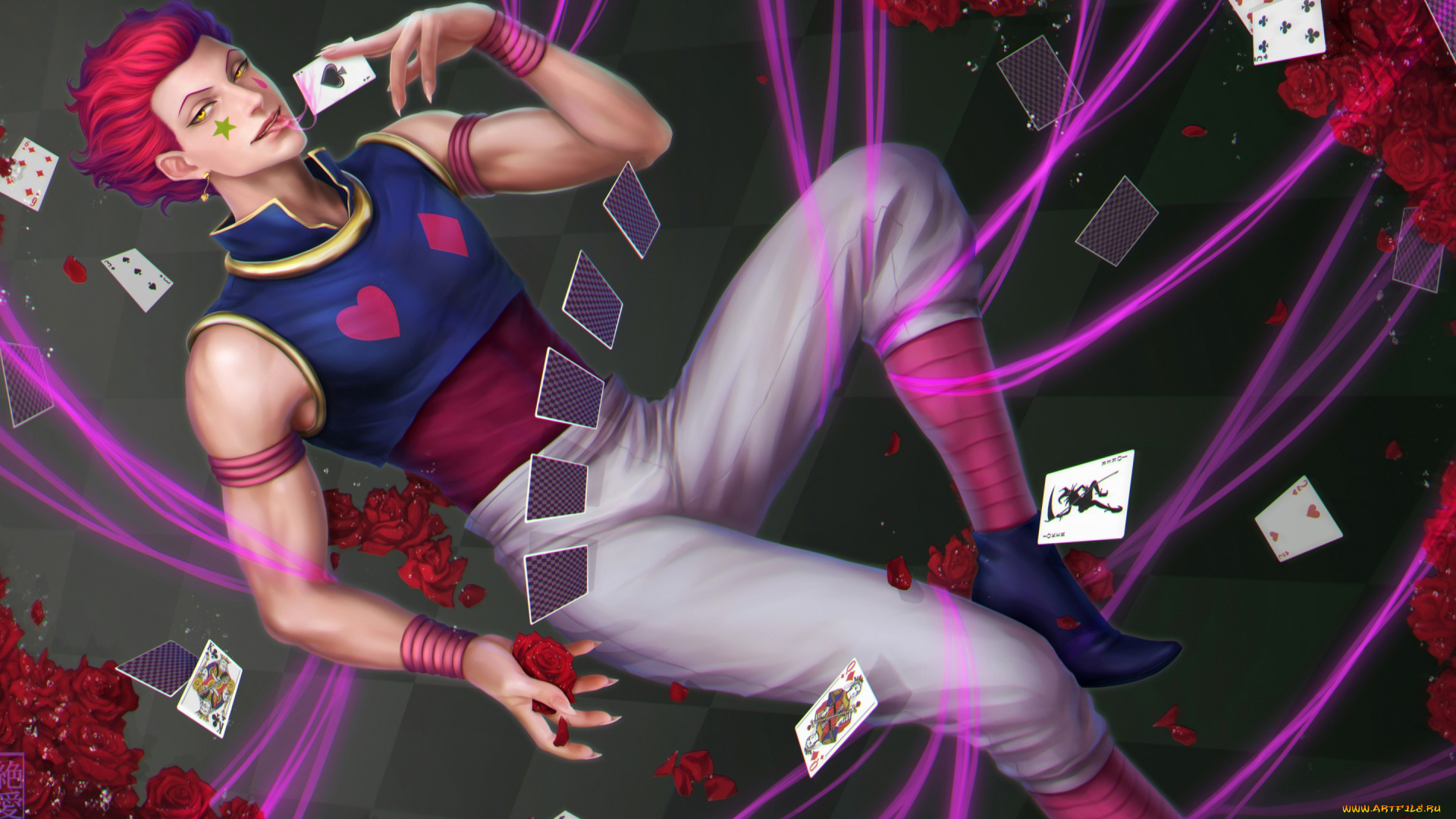 hunter, x, hunter, аниме, *unknown, , другое, магия, розы, лепестки, цветы, hunter, x, карты, улыбка, взгляд, hisoka, парень, zetsuai89, art