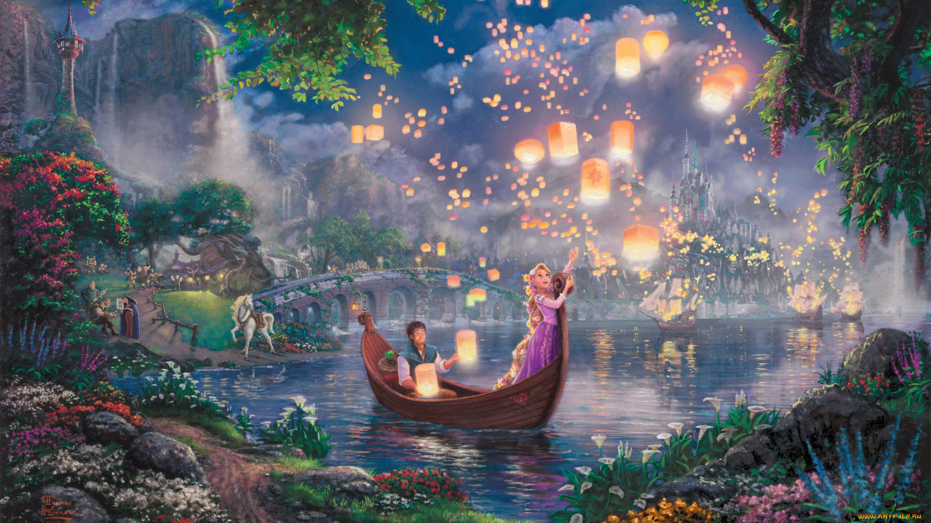 tangled, рисованные, thomas, kinkade, принцесса, рапунцуль, братья, гримм, сказка