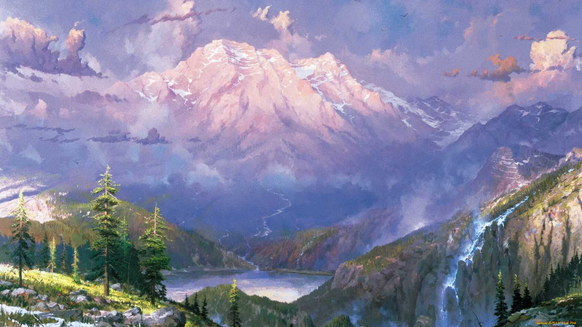 twilight, vista, рисованные, thomas, kinkade, природа, горы, снег, озеро