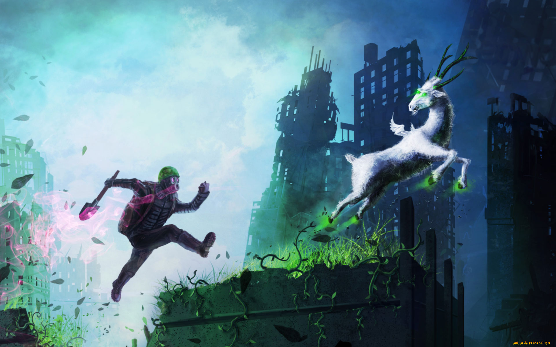 фэнтези, существа, прыжок, растения, руины, романтика, апокалипсиса, арт, лопата, существо, человек