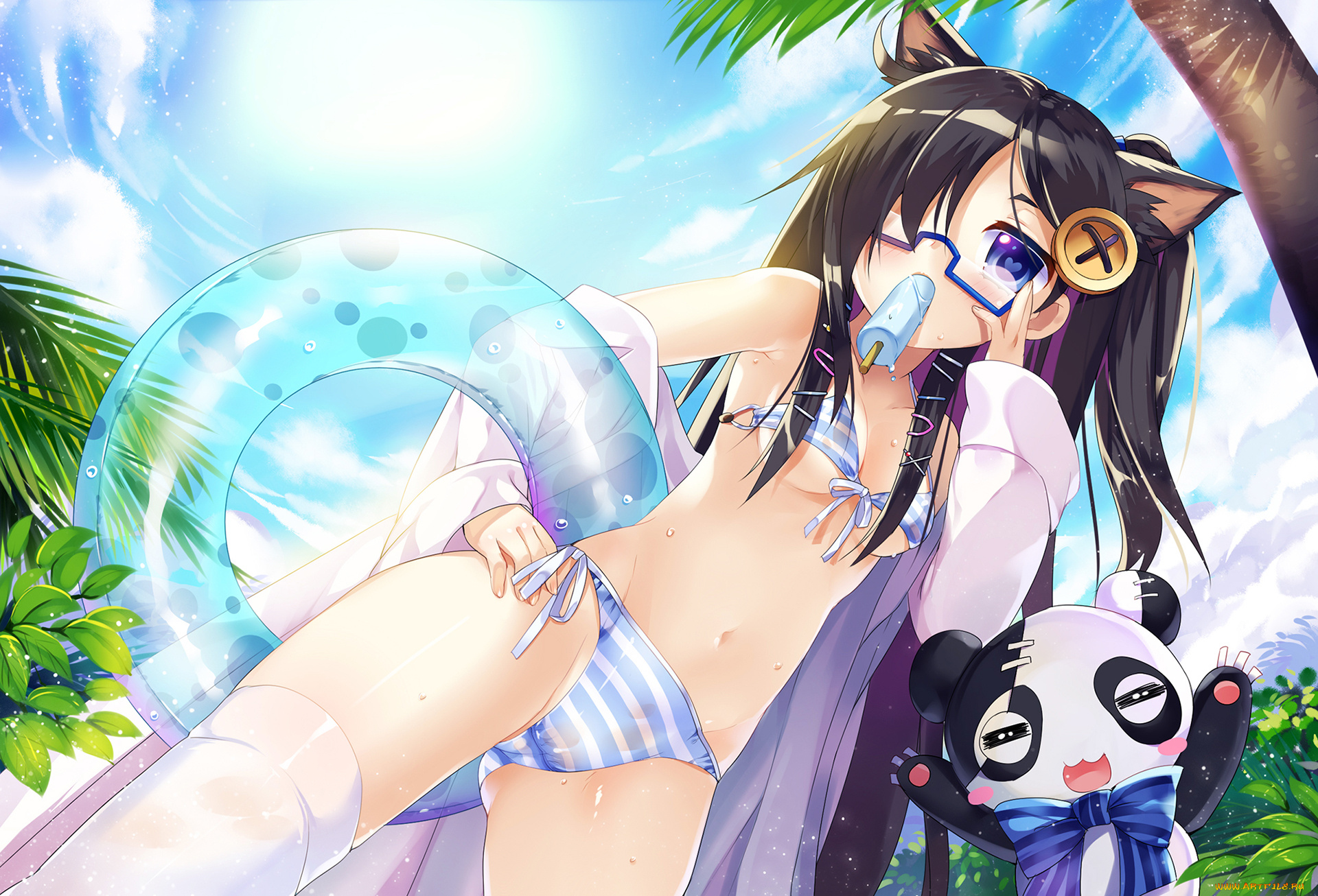 аниме, -animals, &, creatures, девушка, мишка, круг, мороженное, небо, лето