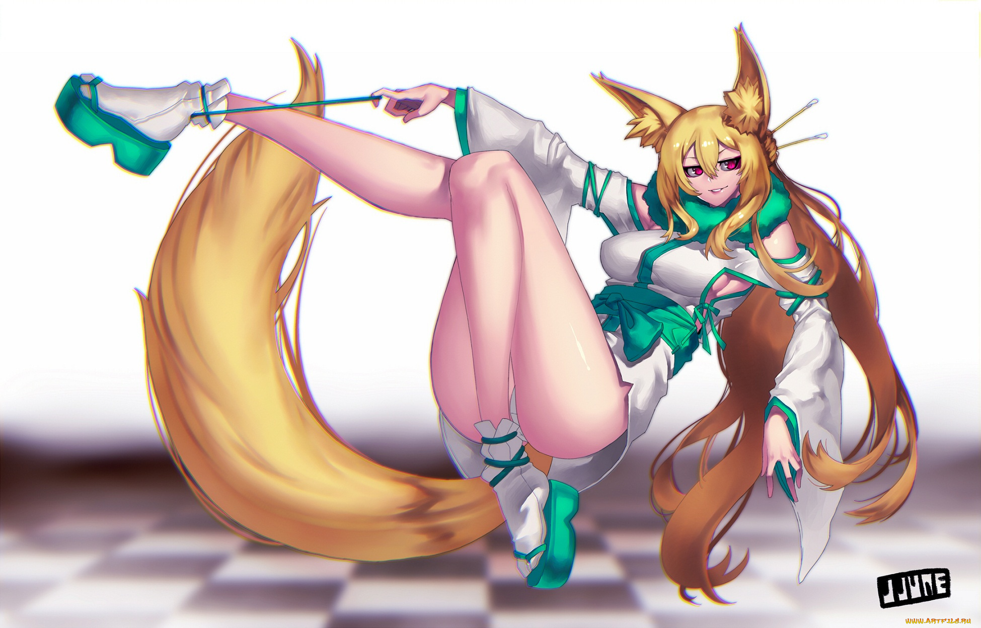 аниме, -animals, &, creatures, лиса, арт, ушки, хвост, белый, фон