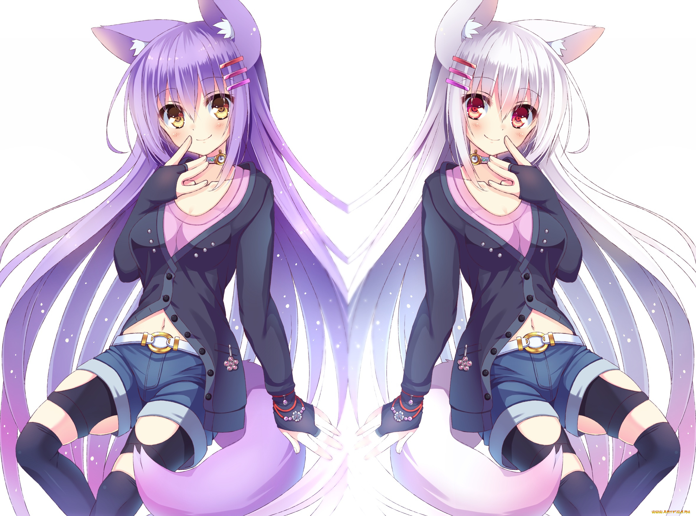 аниме, -animals, &, creatures, ушки, нэко, арт, девушки