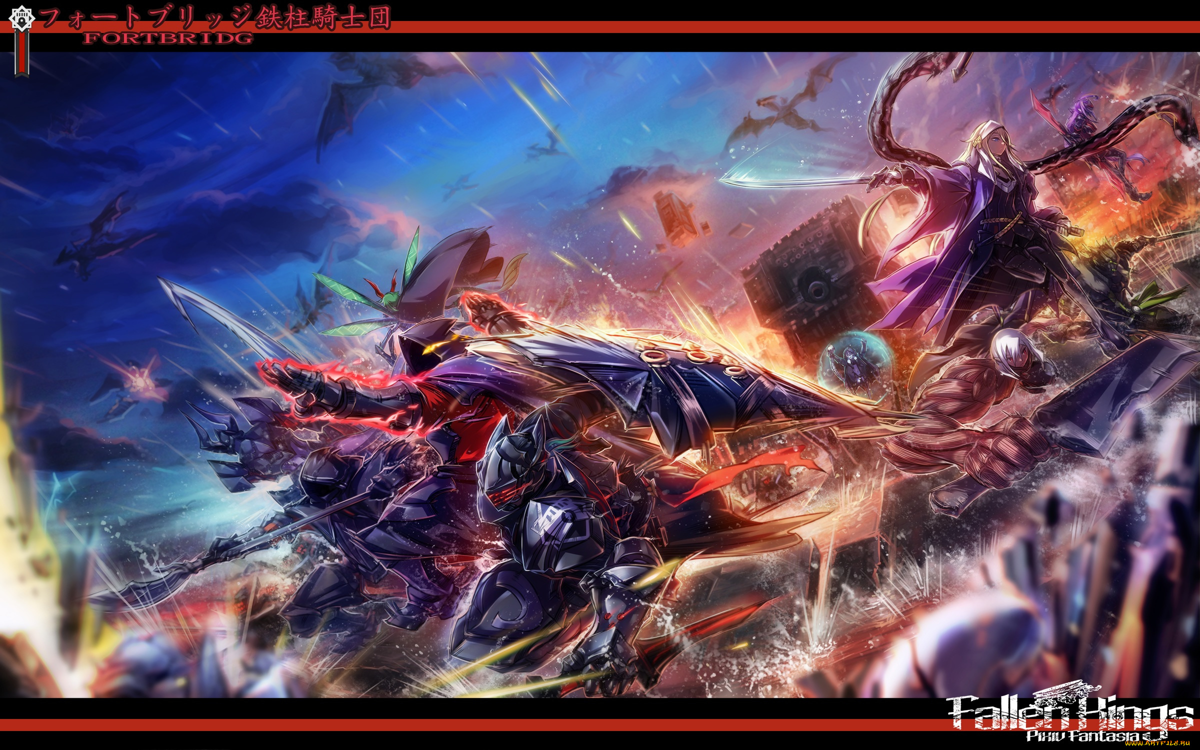 аниме, pixiv, fantasia, девушка, пламя, искры, драконы, роботы