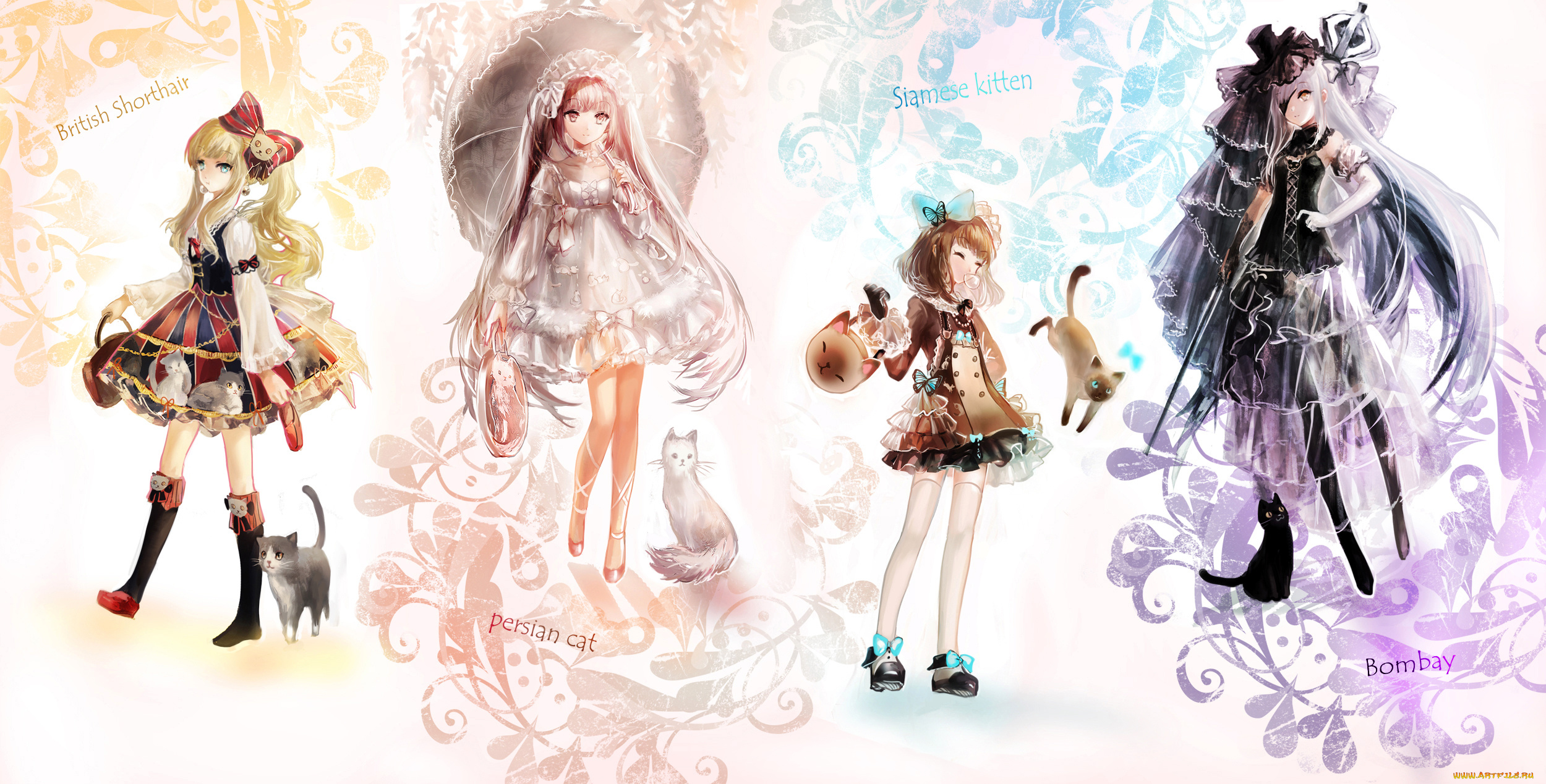 аниме, -animals, &, creatures, девушки, арт, кошки