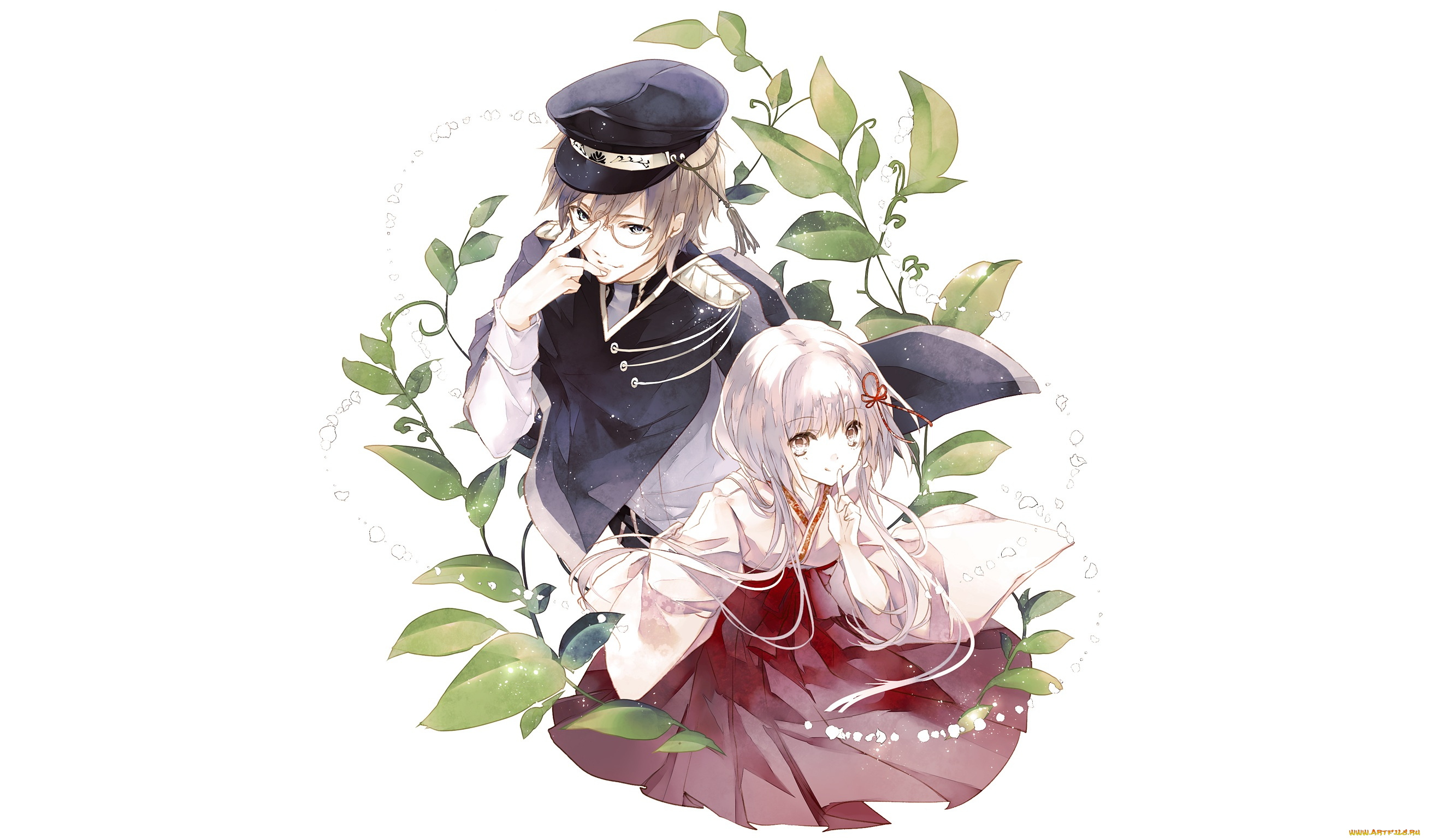 аниме, *unknown, , другое, белый, фон, арт, растения, листья, девушка, парень