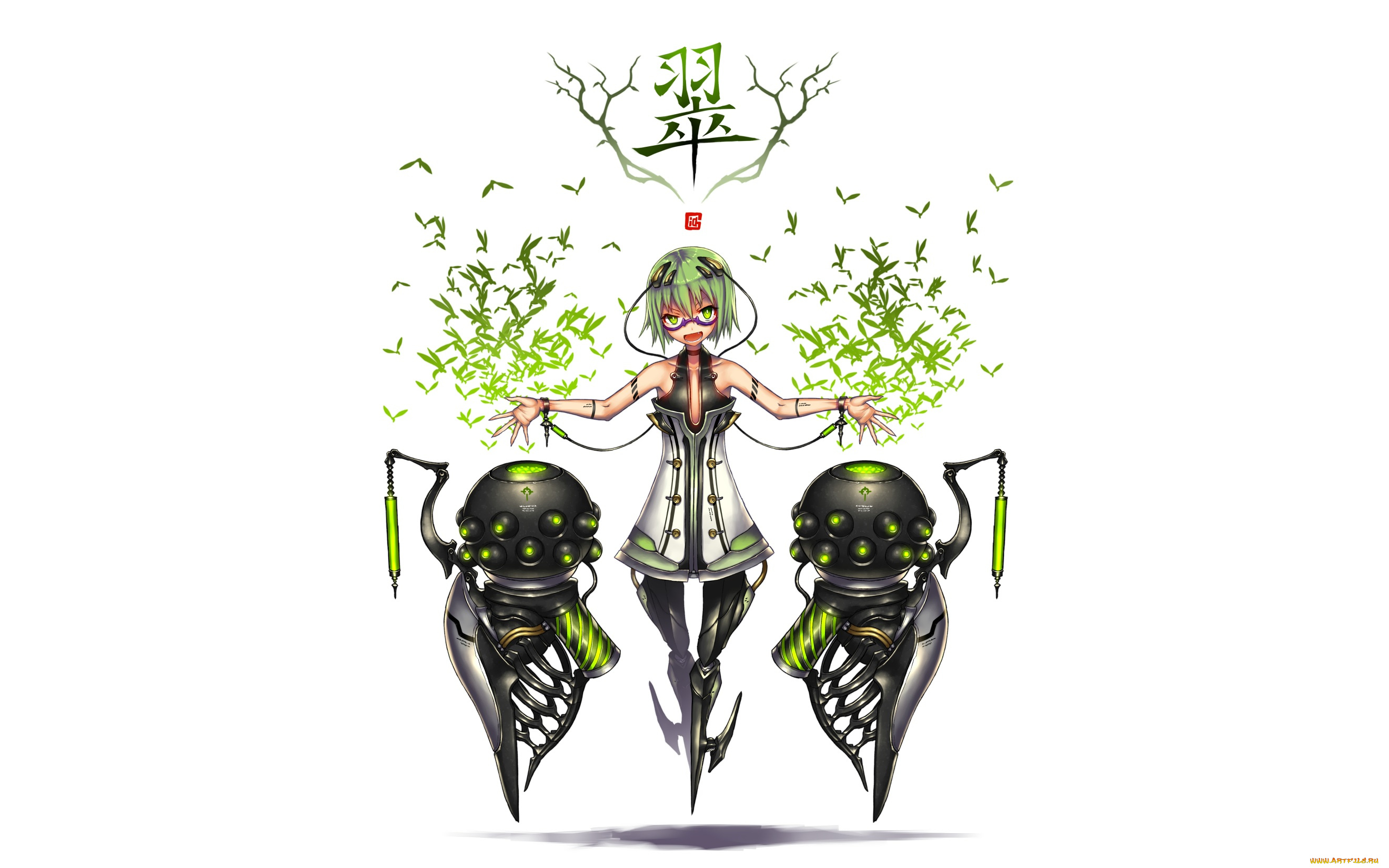 аниме, -weapon, , blood, &, technology, зелёные, волосы, белый, фон, робот