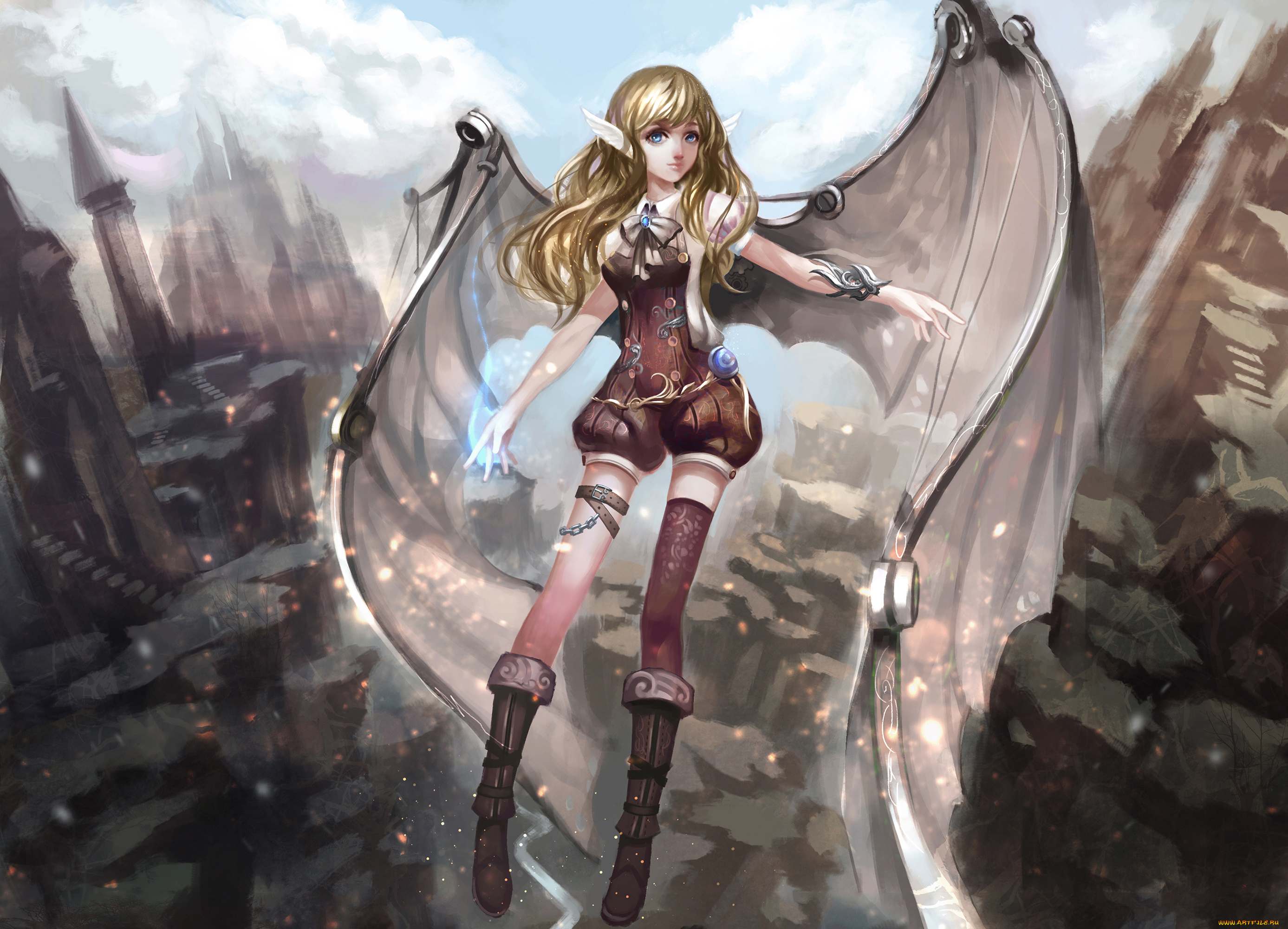 аниме, ангелы, &, demons, магия, крылья, ангел, девушка, скалы