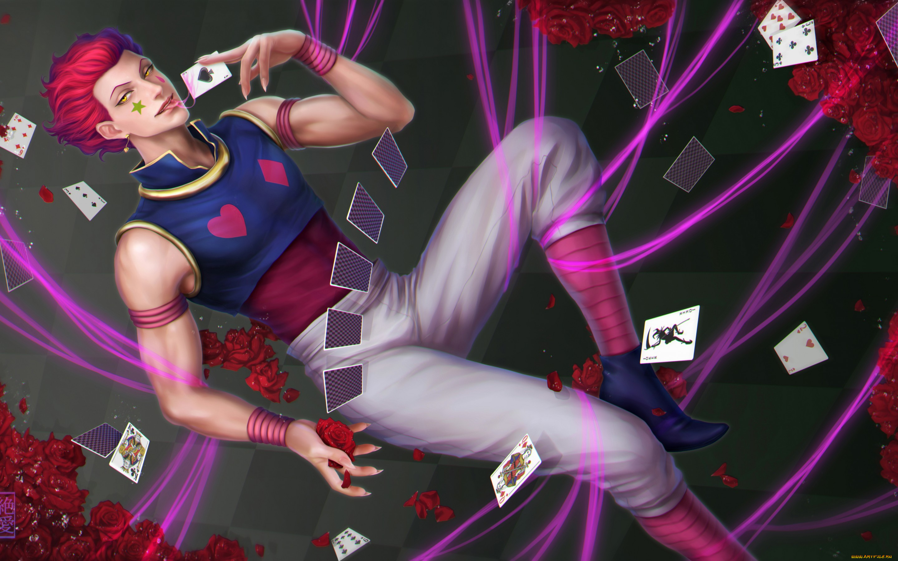 hunter, x, hunter, аниме, *unknown, , другое, магия, розы, лепестки, цветы, hunter, x, карты, улыбка, взгляд, hisoka, парень, zetsuai89, art