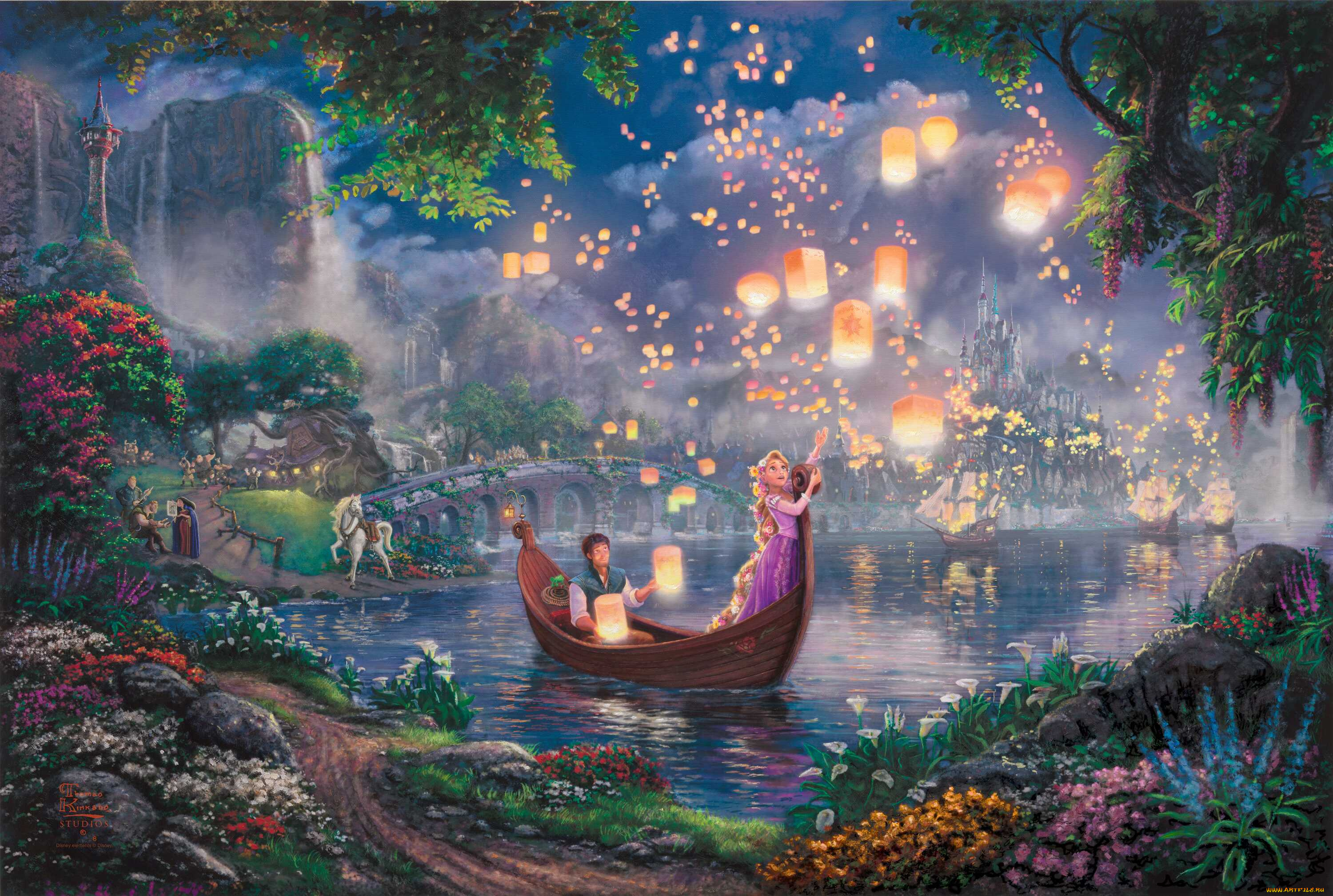 tangled, рисованные, thomas, kinkade, принцесса, рапунцуль, братья, гримм, сказка