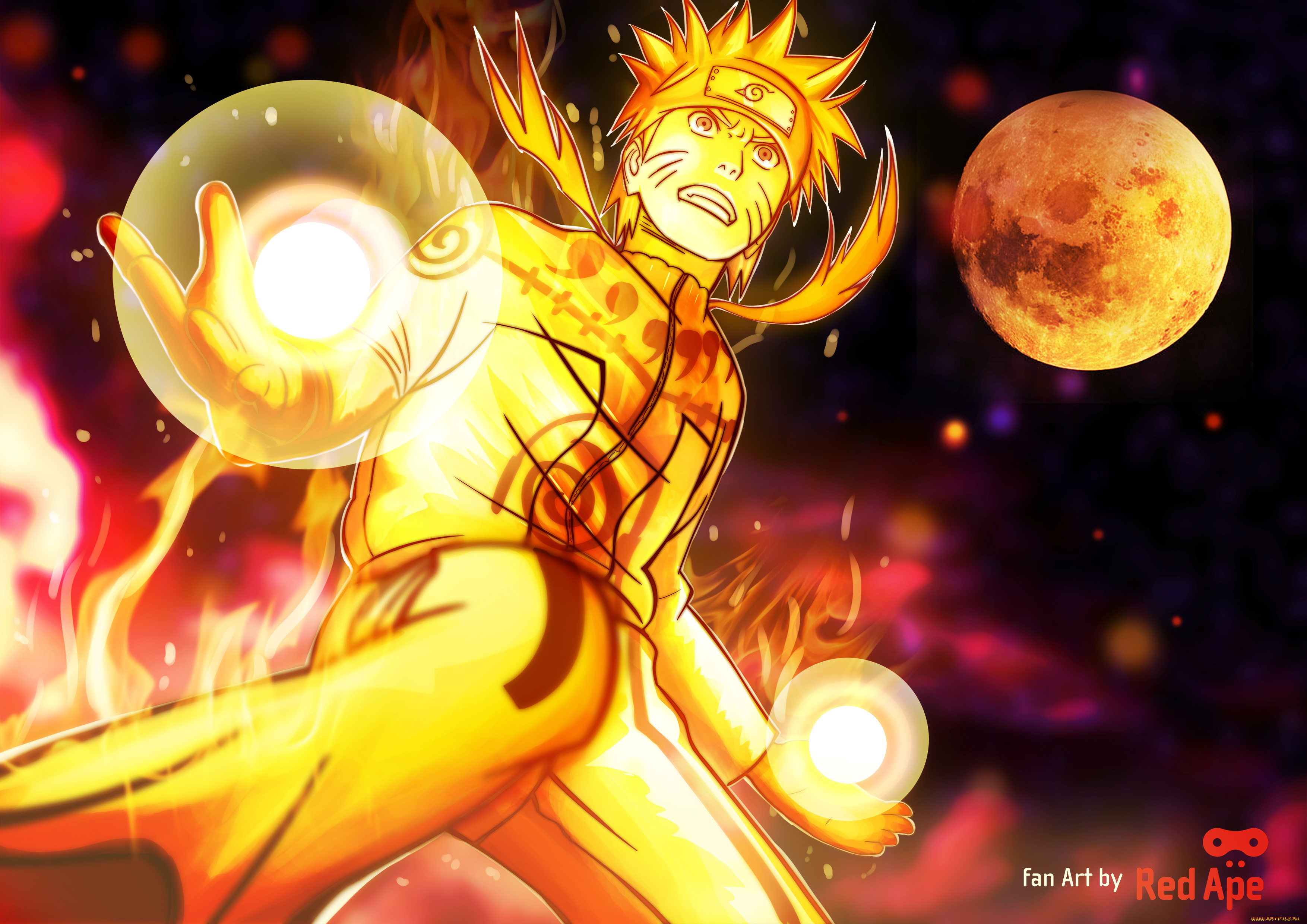 аниме, naruto, art, moon, rasengan, ninja, uzumaki, bijuu, mode, shippuden, shinobi, fury, blonde, hair, logo, konohagakure, no, sato, dama, chakra, flame, yellow, eye, hitayate, manga, anime