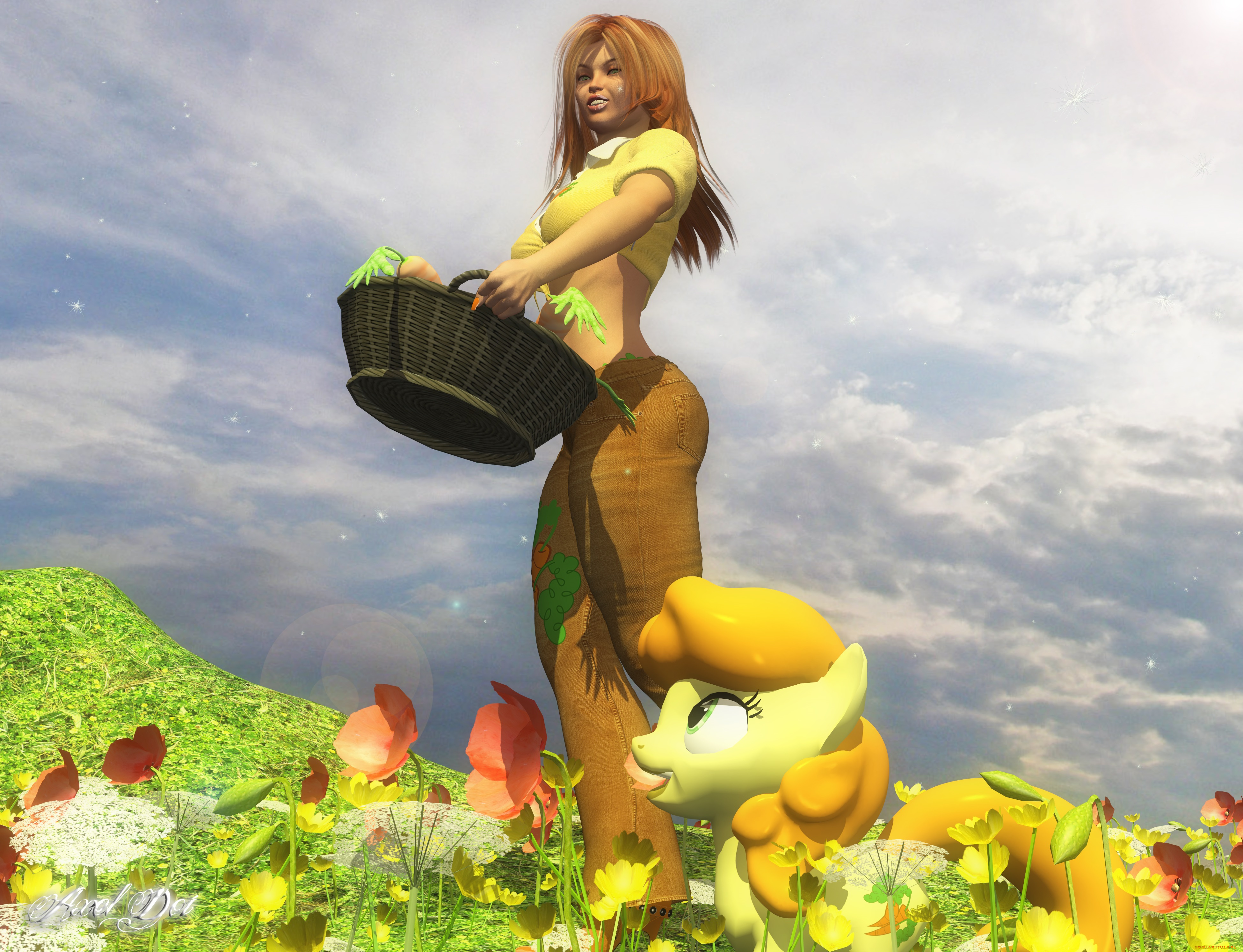 3д, графика, люди, , people, девушка, взгляд, цветы, корзина, пони