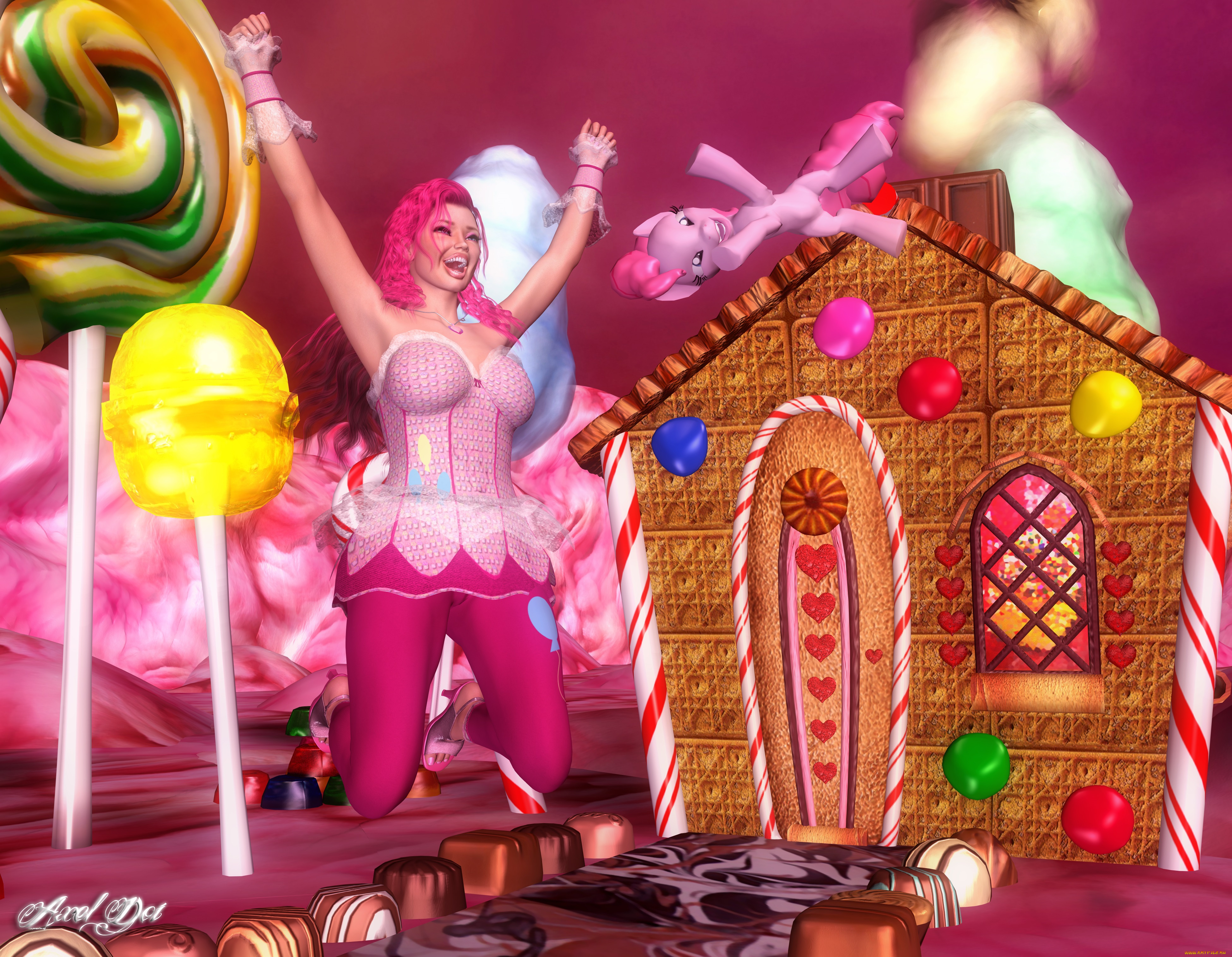 3д, графика, люди, , people, девушка, взгляд, пони, улыбка, радость, конфеты