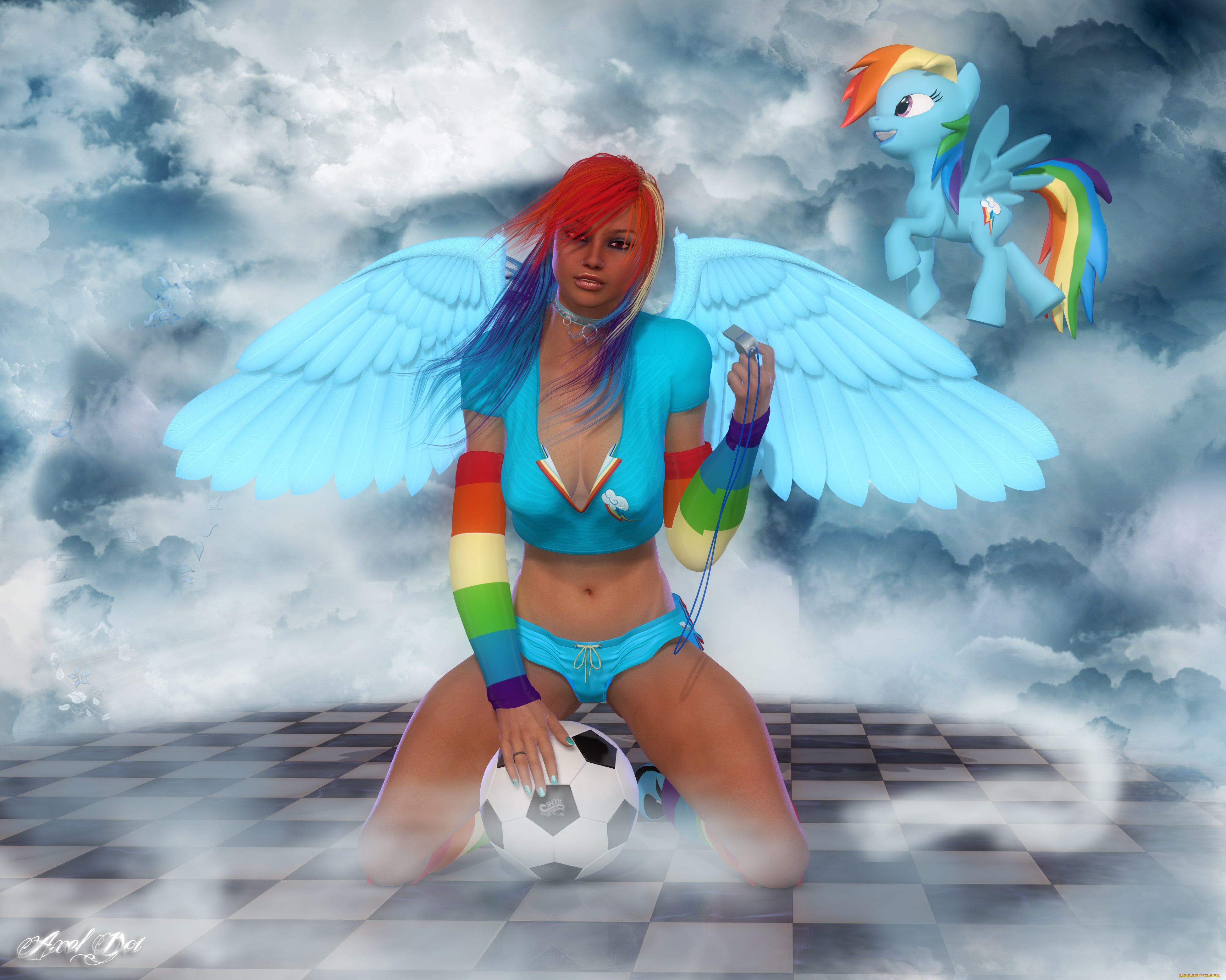 3д, графика, ангел, , angel, девушка, взгляд, пони, крылья, облака