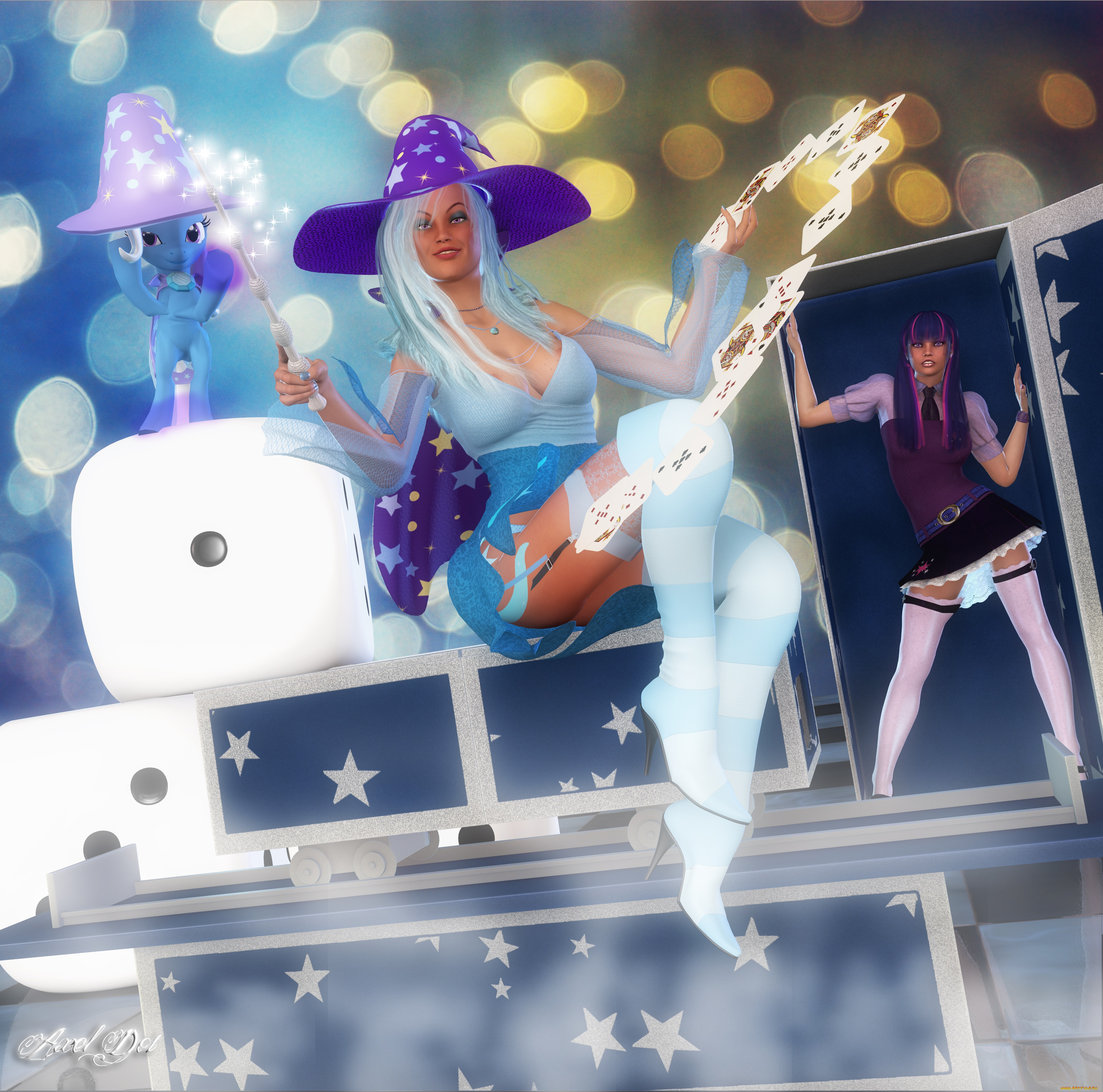 3д, графика, фантазия, , fantasy, девушка, взгляд, пони, фея, карты, магия