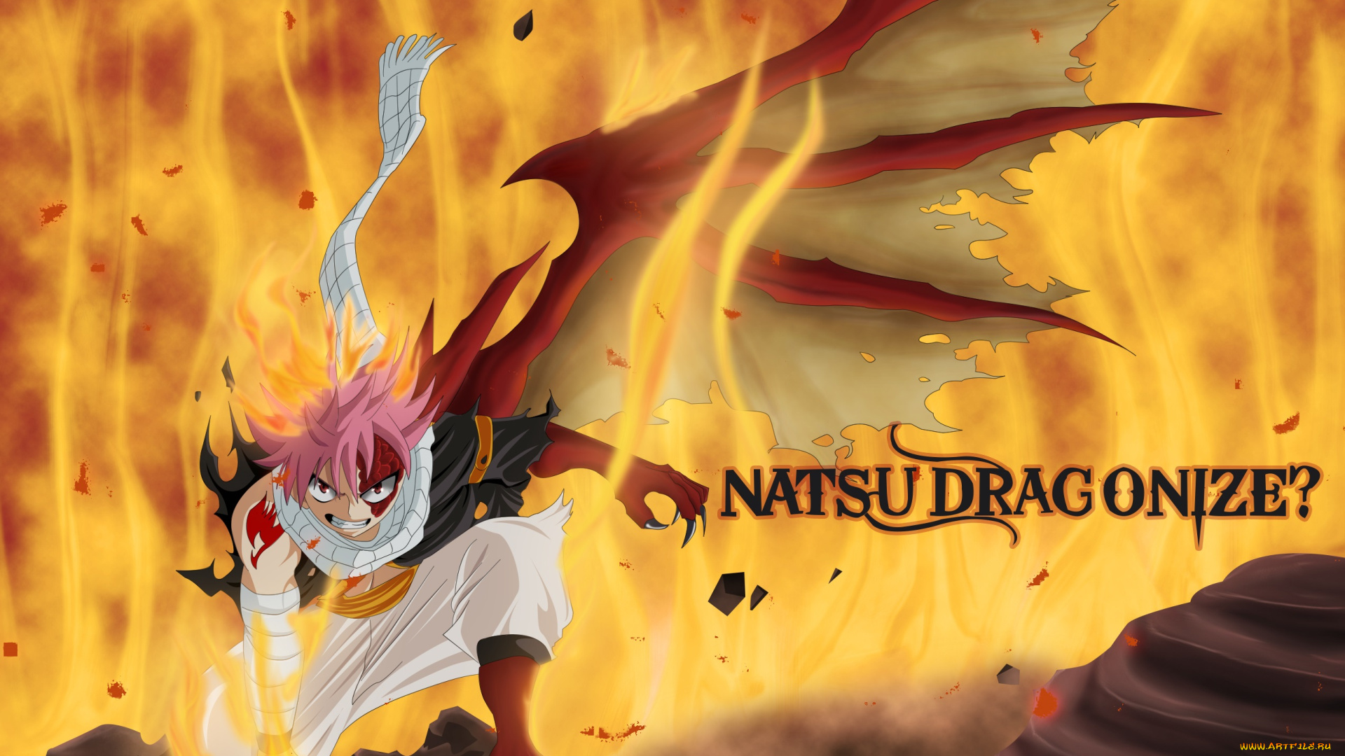 аниме, fairy, tail, крыло, монстр, огонь, парень