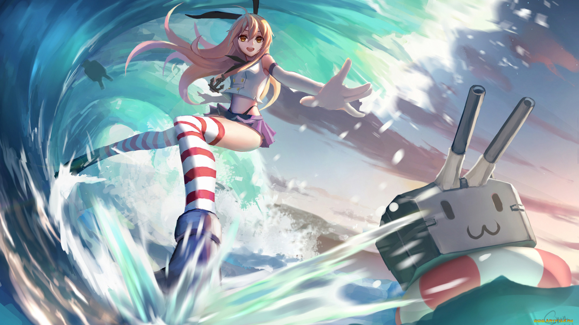 аниме, kantai, collection, робот, вода, волны, kantai, collection, море, арт, kancolle, shon, rensouhou-chan, shimakaze